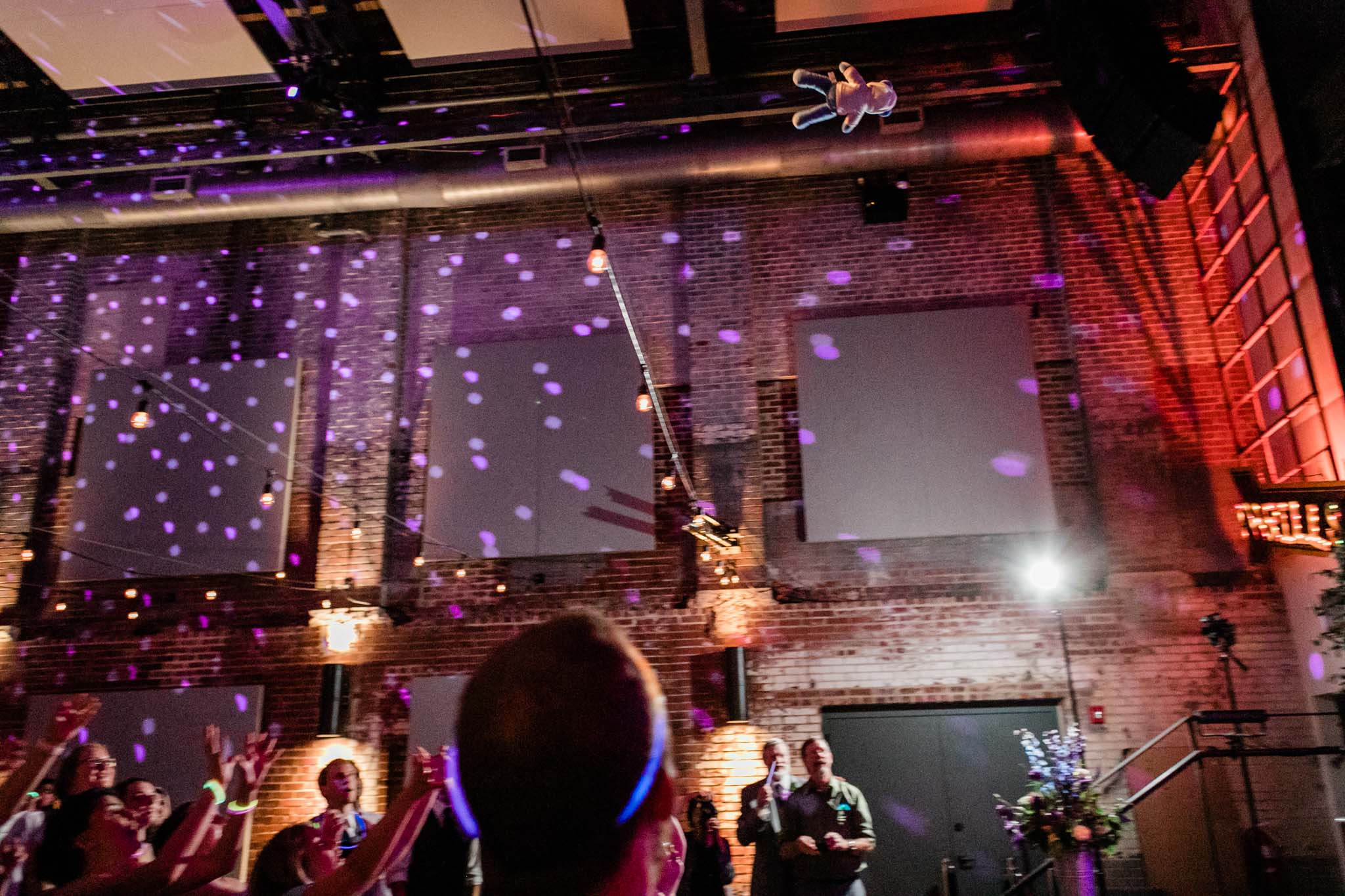 Haw River Ballroom Wedding | Durham Photographer | By G. Lin Photography | Teddy bear flying through the air