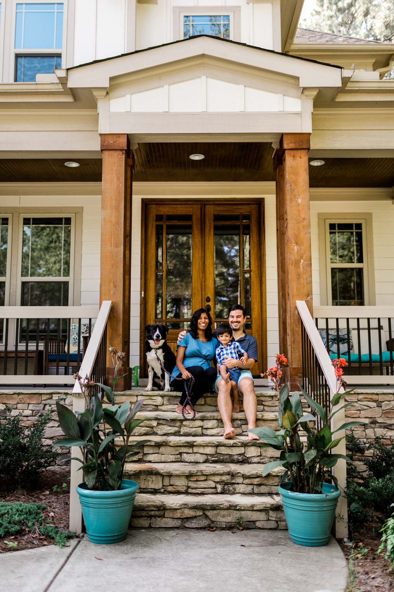 Durham Maternity Photographer | By G. Lin Photography | Family sitting outside on steps of front porch