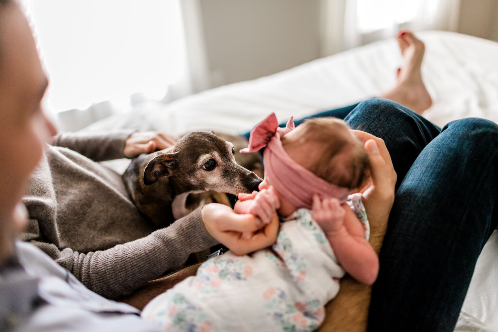 Durham Newborn Photographer | By G. Lin Photography | Dog licking newborn girl's face