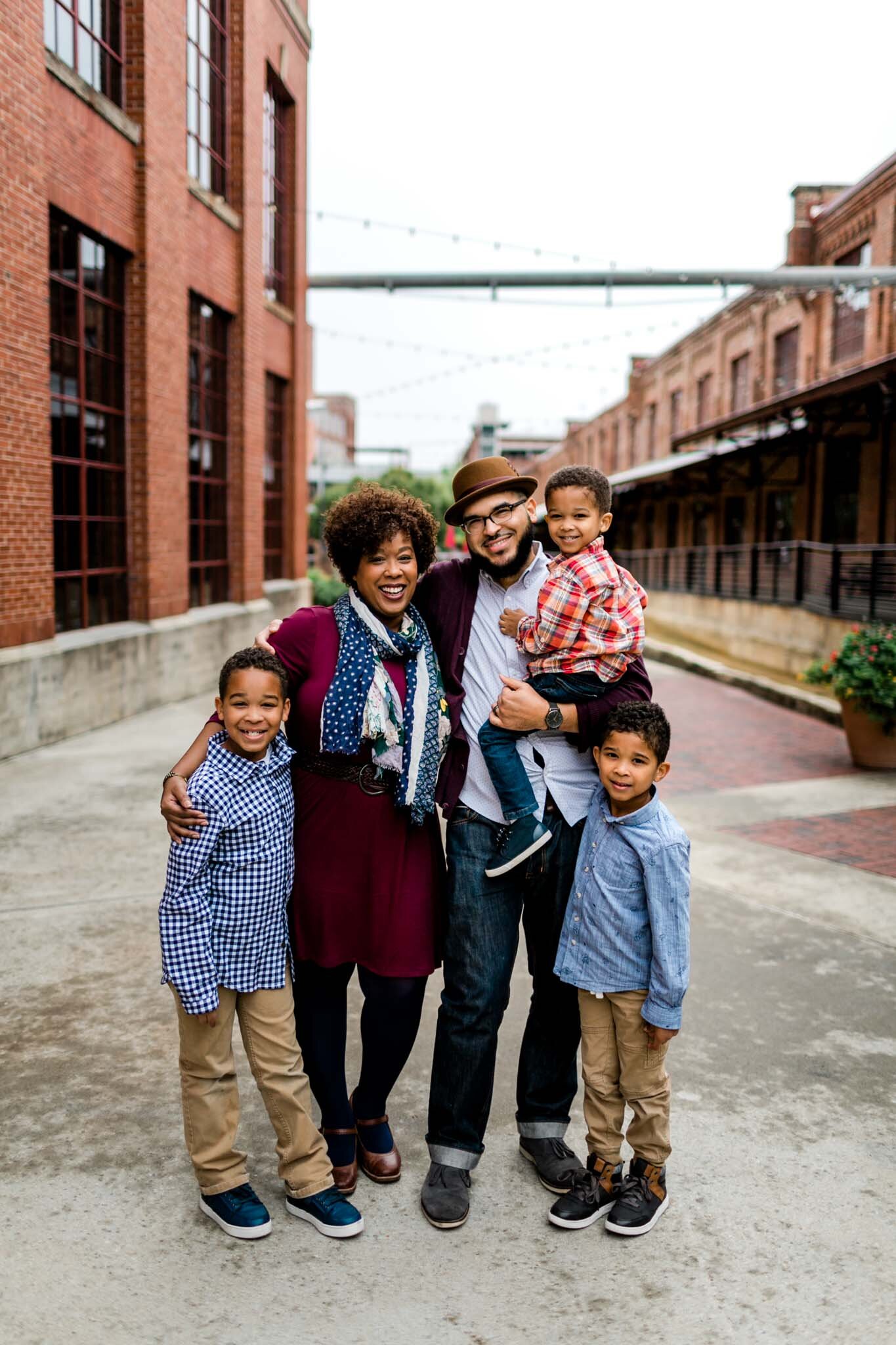 Durham Family Photographer | By G. Lin Photography | Fall Photo Outside American Tobacco Campus Downtown Durham