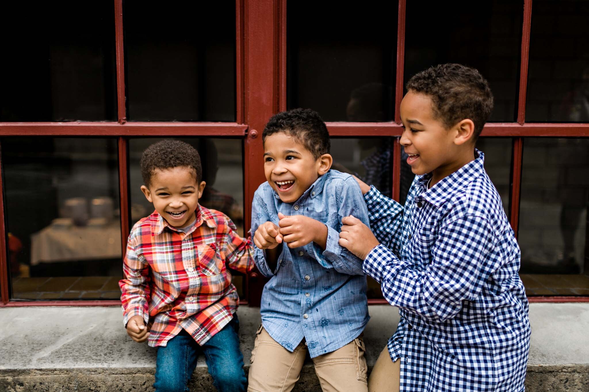 Three brothers tickling each other | Durham Family Photographer | By G. Lin Photography