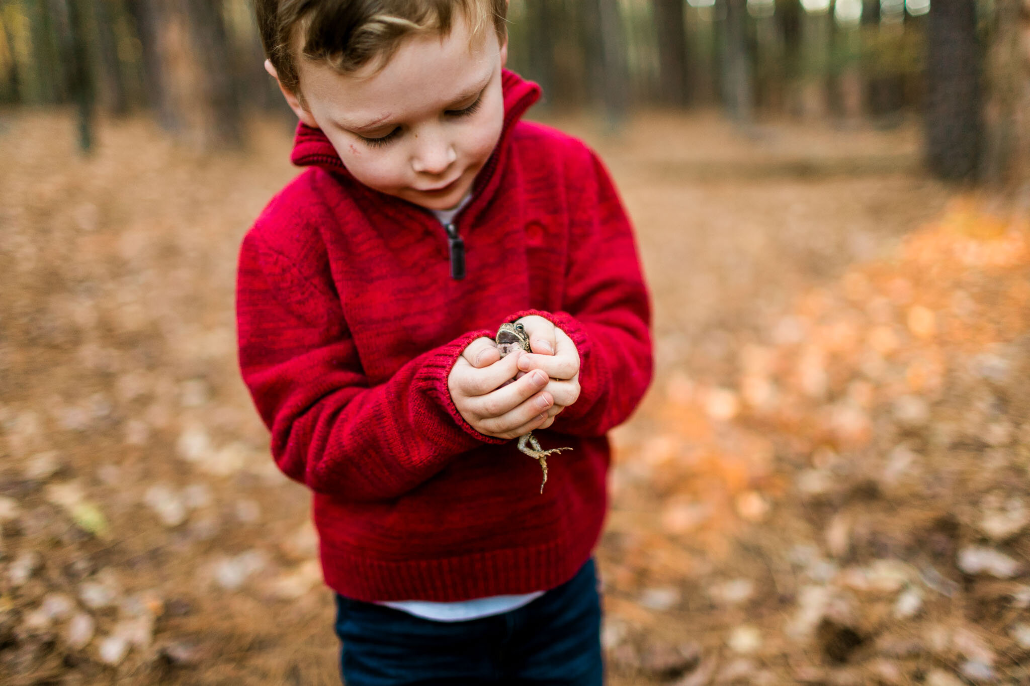 Raleigh Family Photographer | By G. Lin Photography | Boy holding a toad at Umstead Park