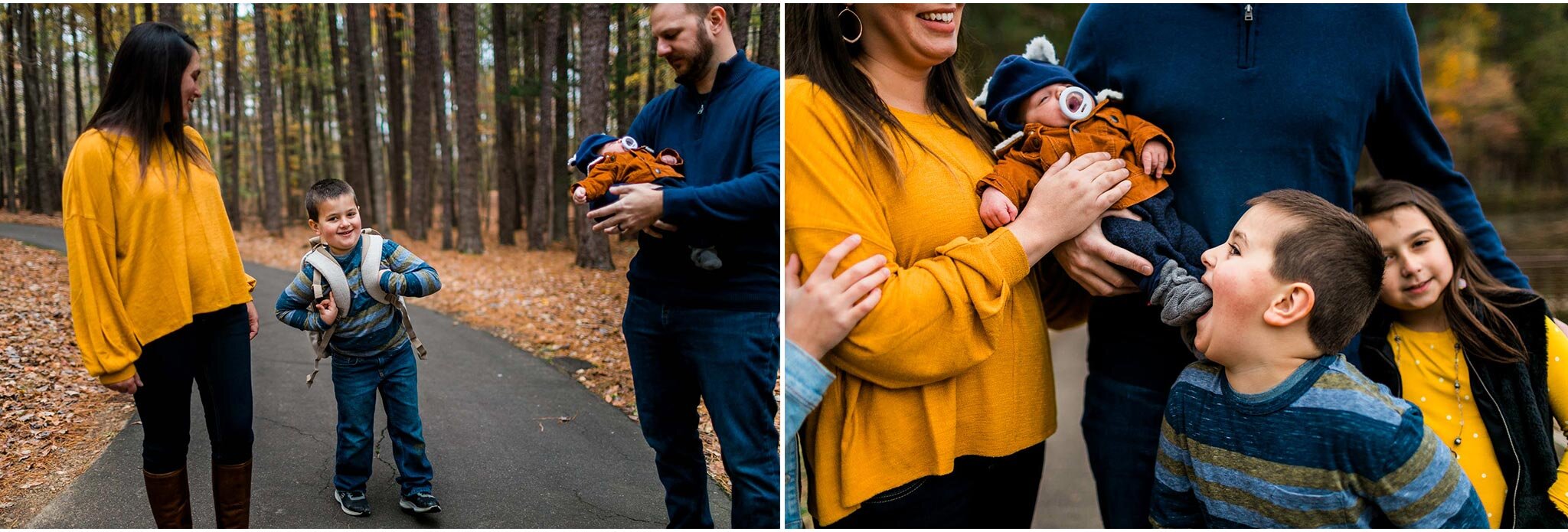 Raleigh Family Photographer | By G. Lin Photography | Candid outdoor fall photo of boy putting on backpack