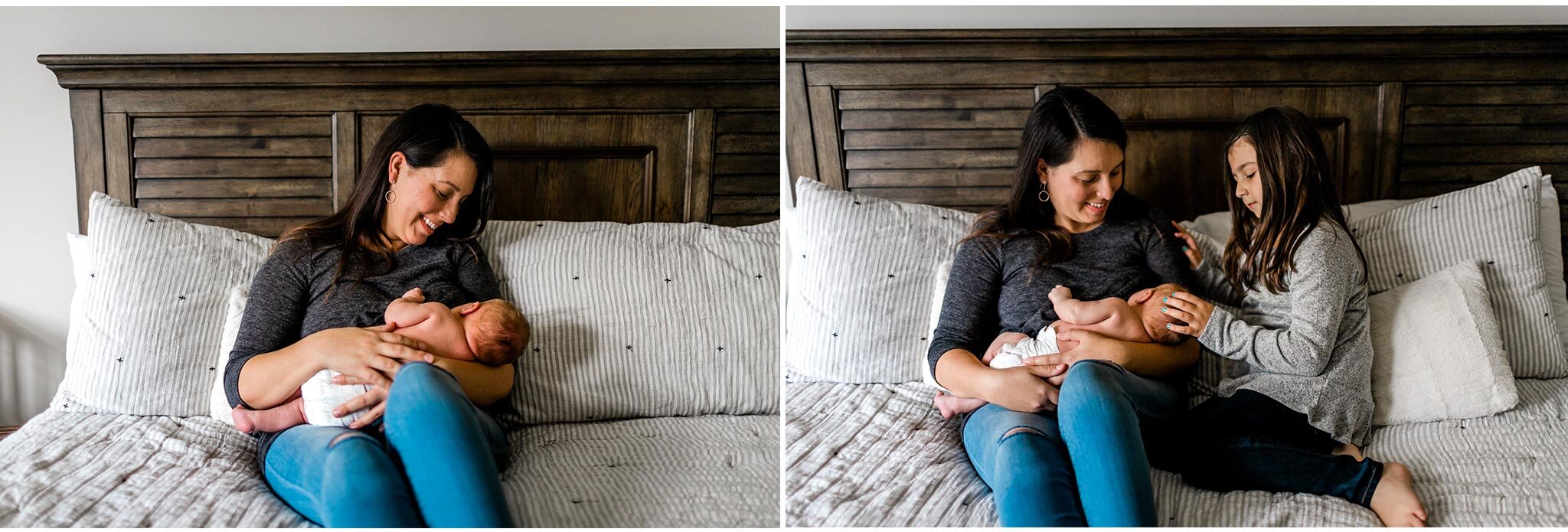 Mother breastfeeding newborn baby on bed | Raleigh Newborn Photographer | By G. Lin Photography