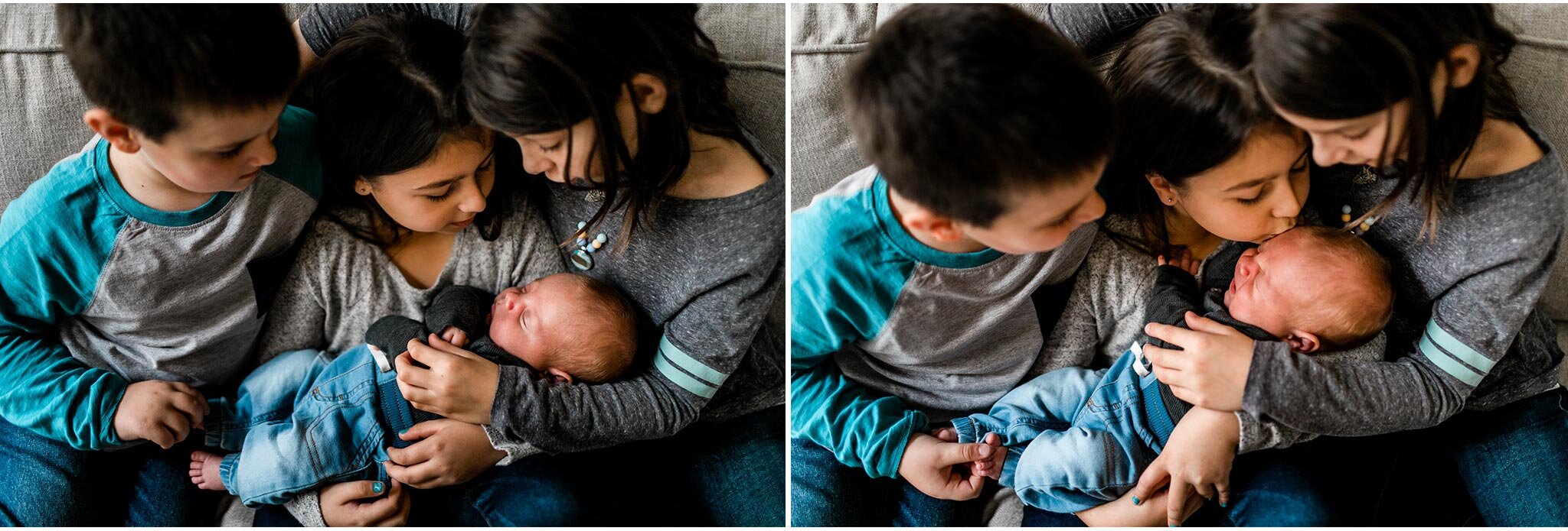 Raleigh Lifestyle Session at Home | Raleigh Newborn Photographer | By G. Lin Photography | Siblings holding baby on couch