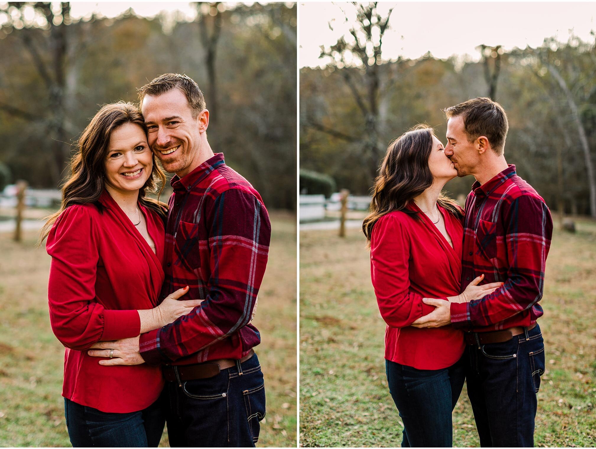 Durham Photographer | By G. Lin Photography | Couple wearing red and smiling outside | West Point on Eno River