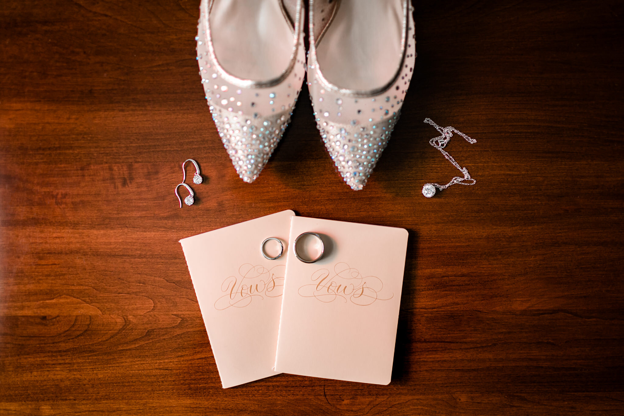 Durham Wedding Photographer | By G. Lin Photography | Flat lay of wedding shoes, jewelry, and vows