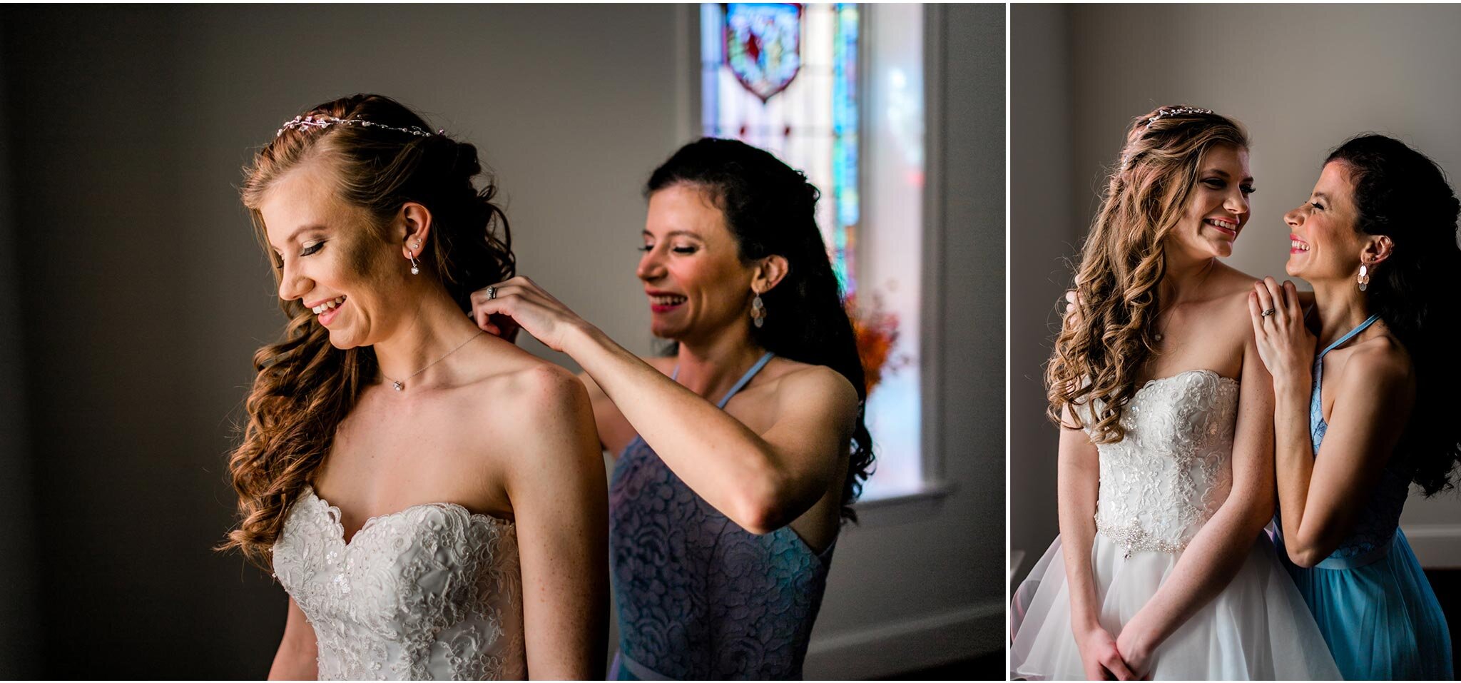 Durham Wedding Photography | By G. Lin Photography | Sister putting on necklace on bride