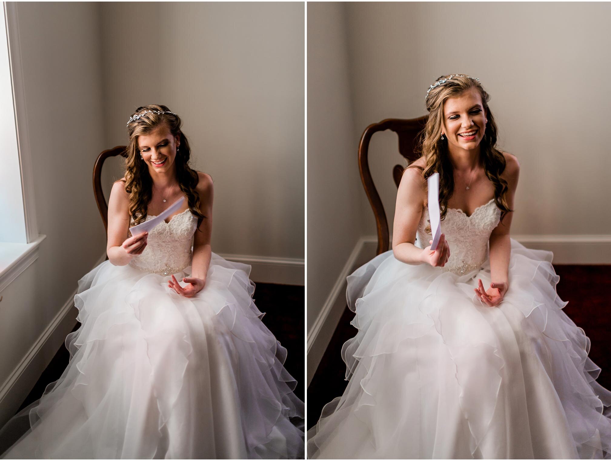 Durham Wedding Photographer | By G. Lin Photography | Bride laughing and holding letter from groom
