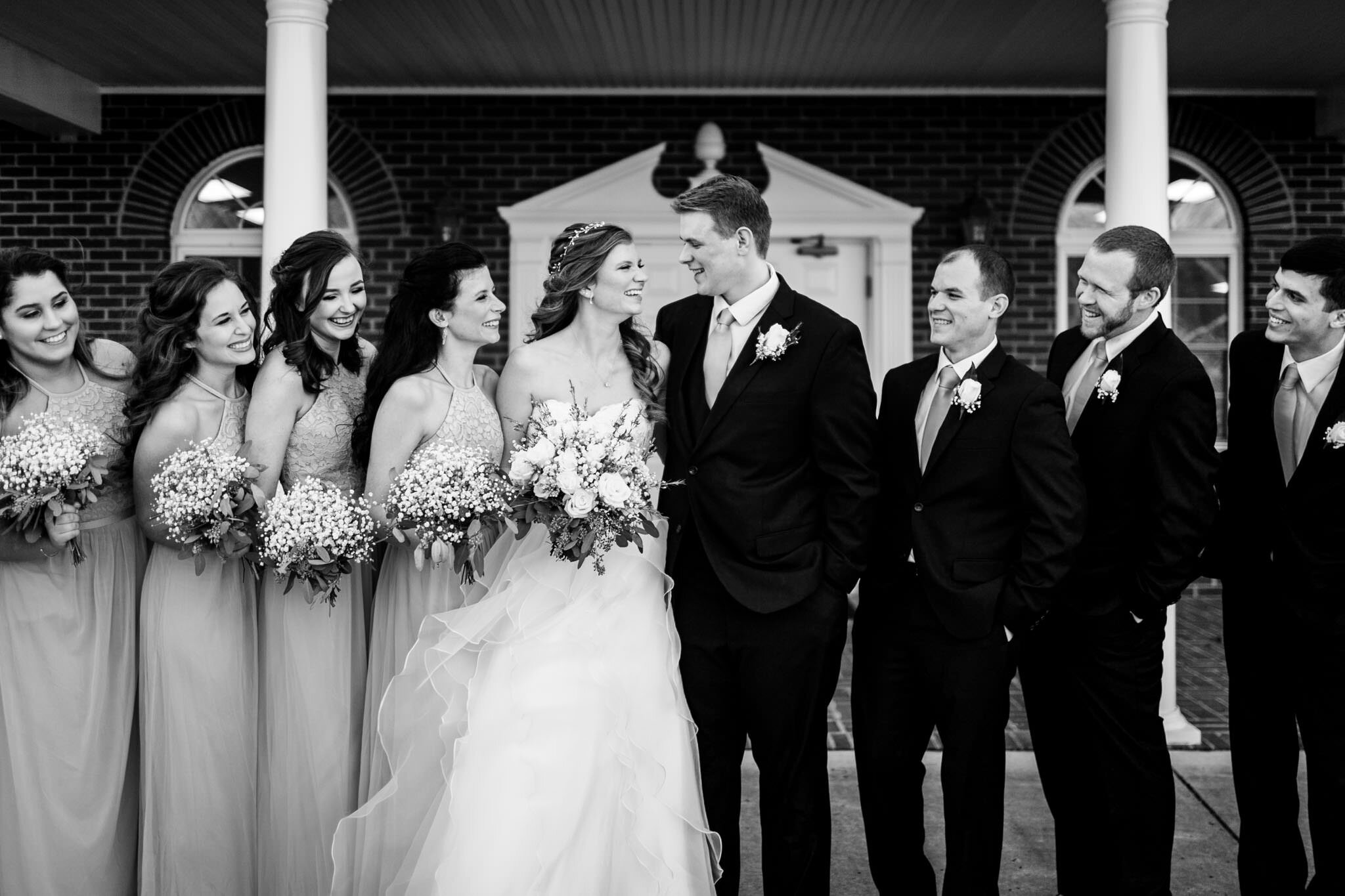 Durham Wedding Photographer | By G. Lin Photography | Black and white photo of wedding party laughing together