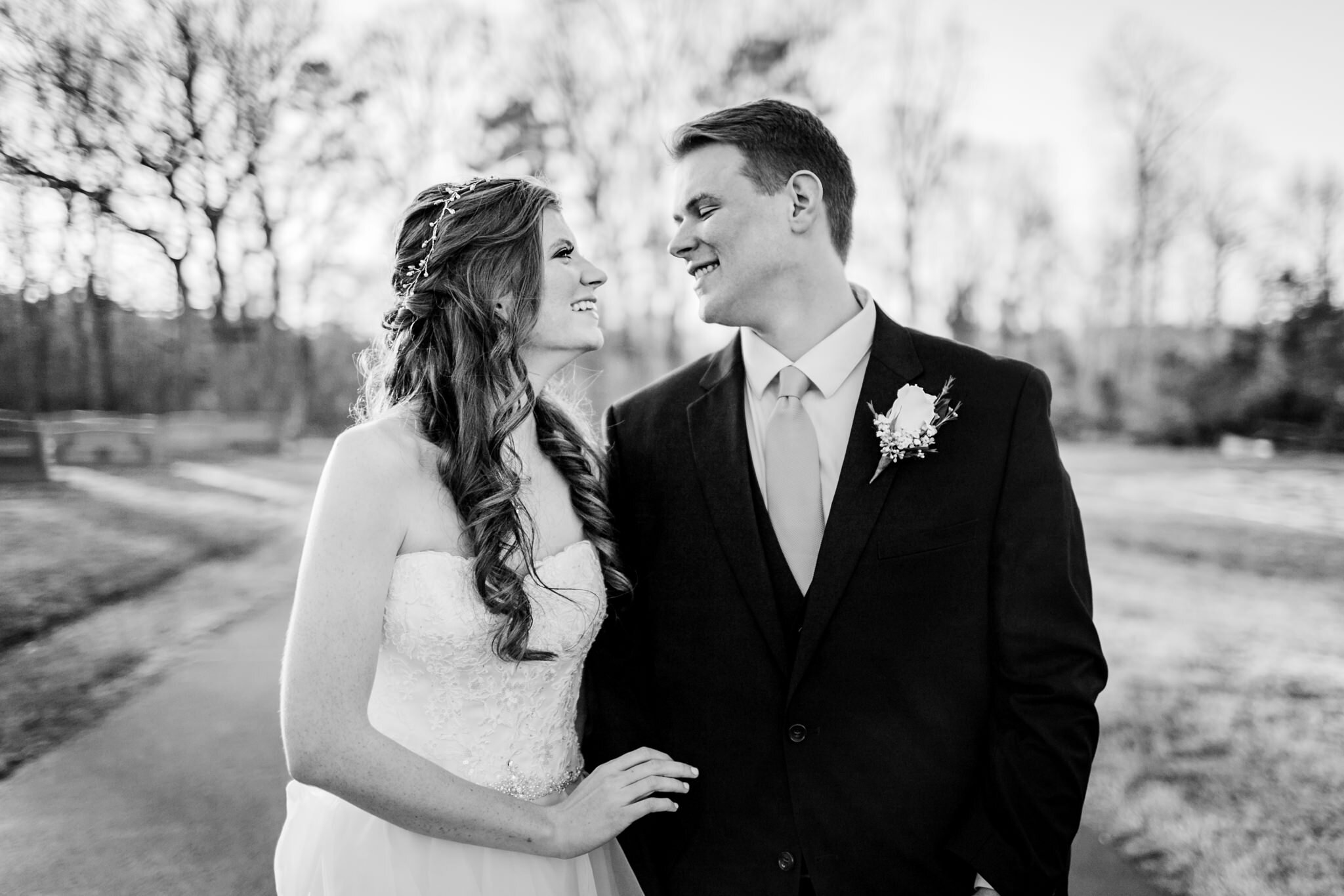 Durham Wedding Photographer | By G. Lin Photography | Black and white photo of bride and groom looking at each other and laughing