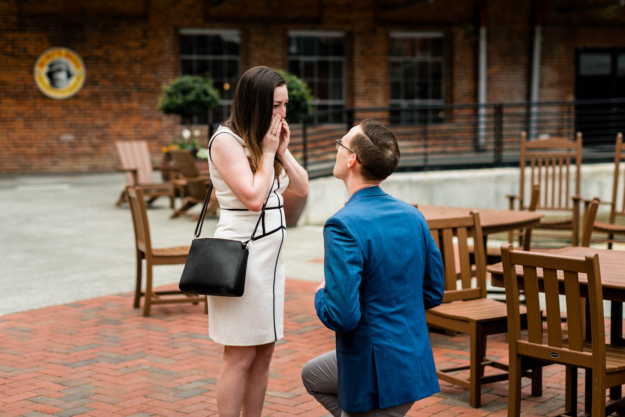 Durham Photographer | By G. Lin Photography | Woman with hands over mouth as man proposes