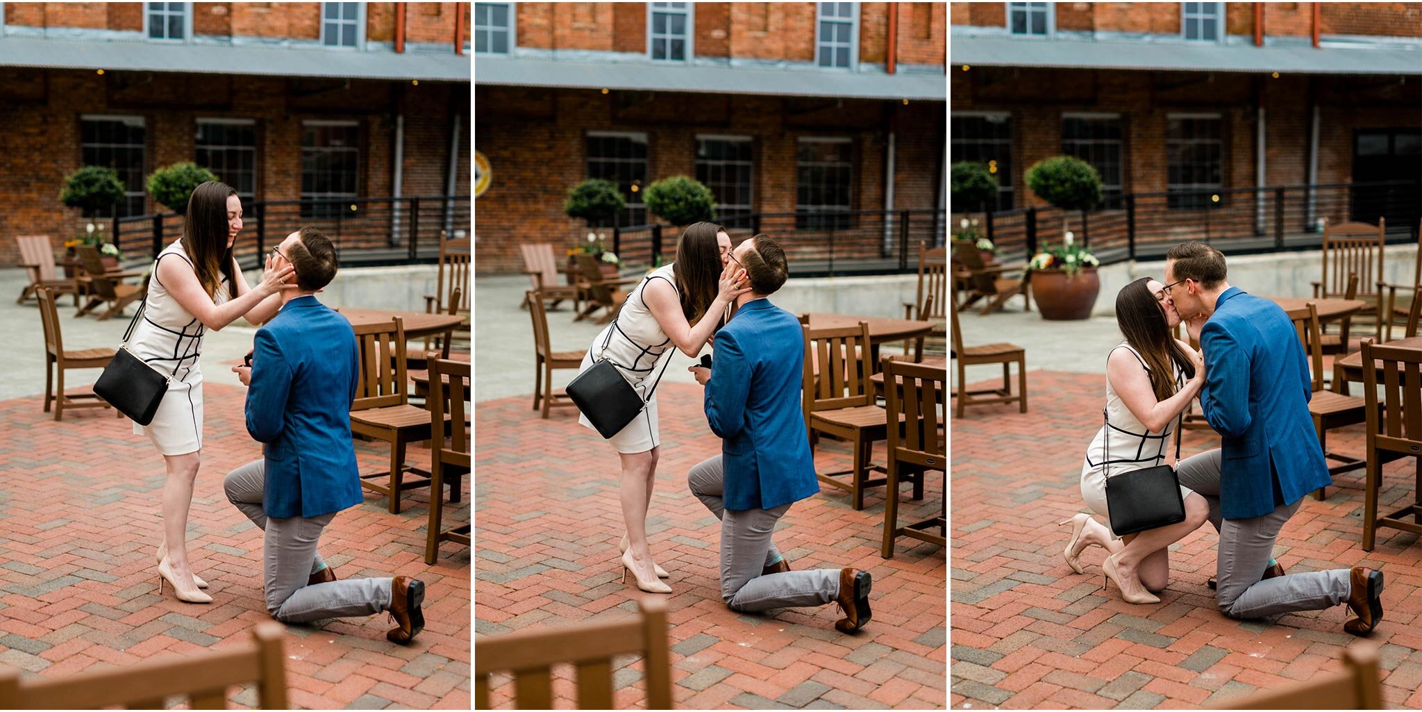 Durham Engagement Photographer | By G. Lin Photography | Woman kisses fiance during surprise proposal at American Tobacco Campus