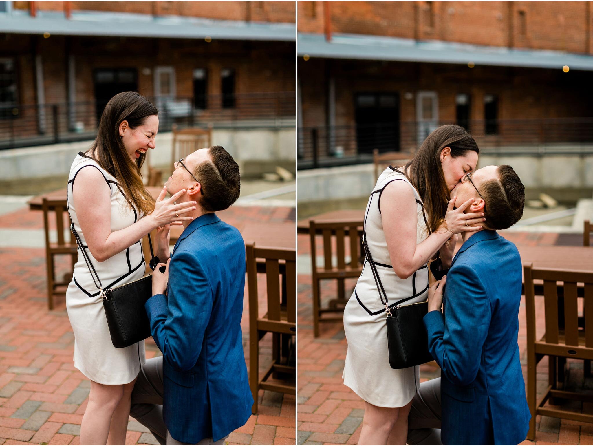 Woman smiling and laughing after proposal | Durham Photographer | By G. Lin Photography | American Tobacco Campus