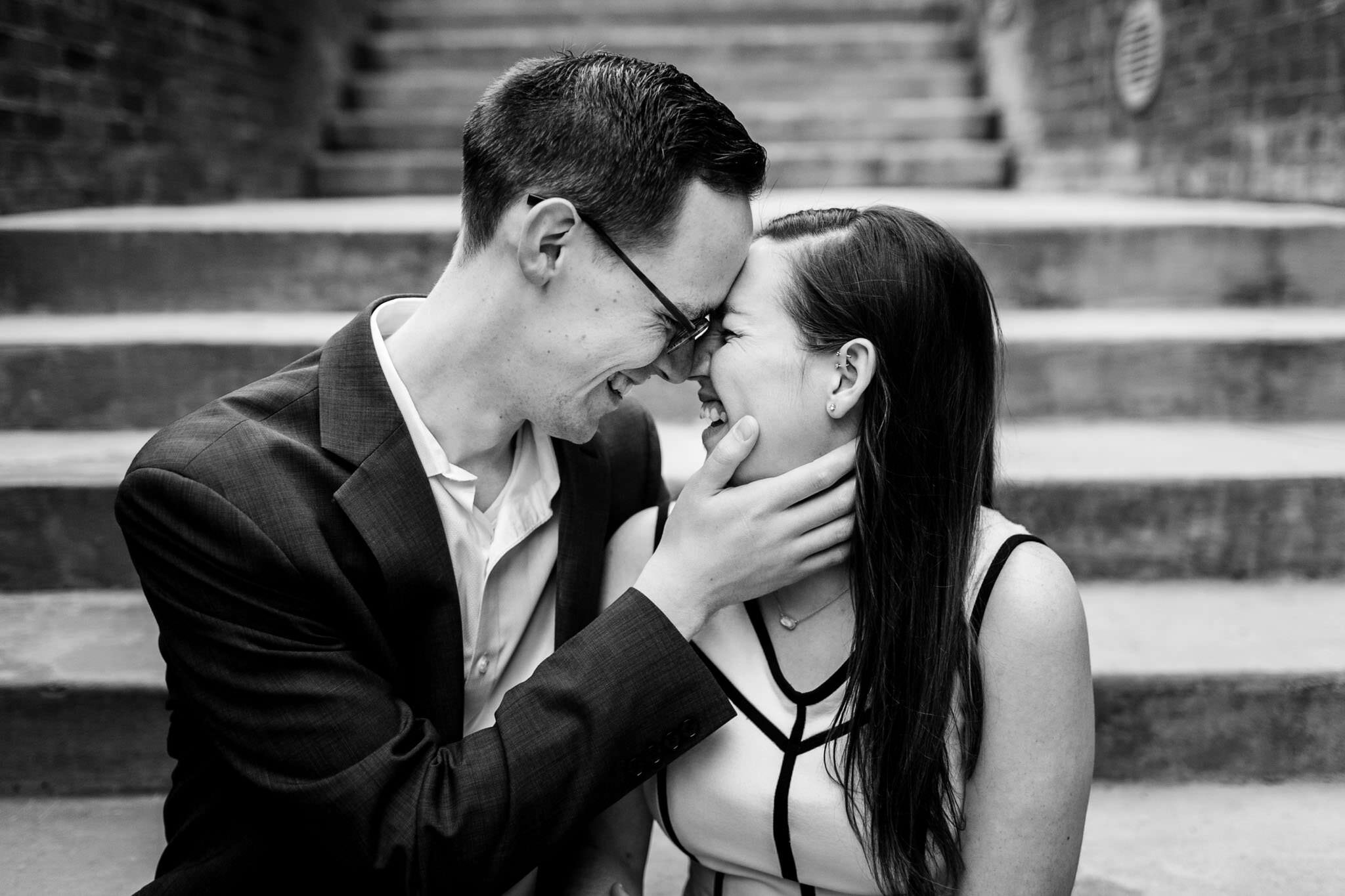 Durham Engagement Photographer | By G. Lin Photography | Black and white photo of couple laughing