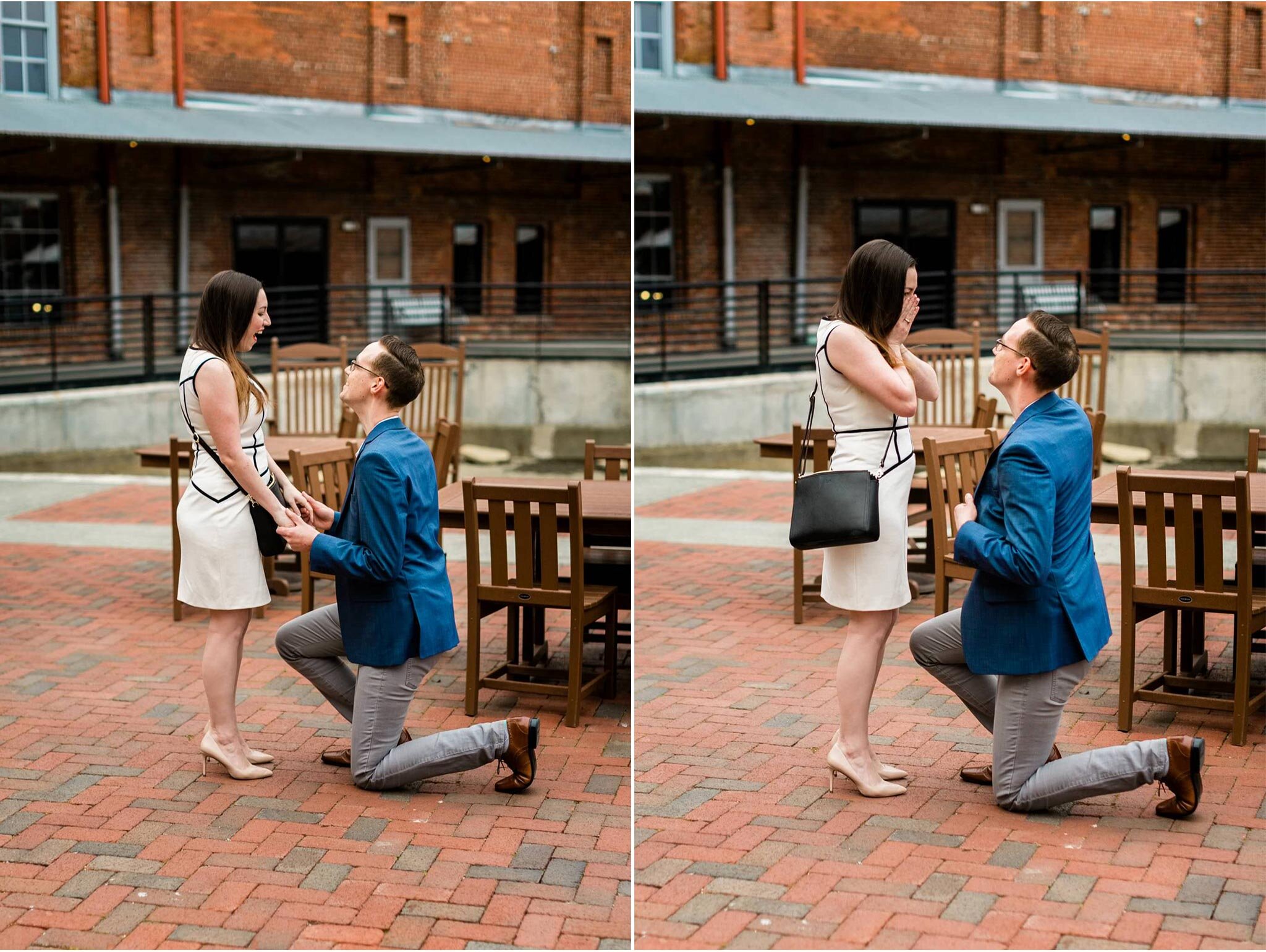 Durham Engagement Photographer | By G. Lin Photography | Man proposing to woman at American Tobacco Campus
