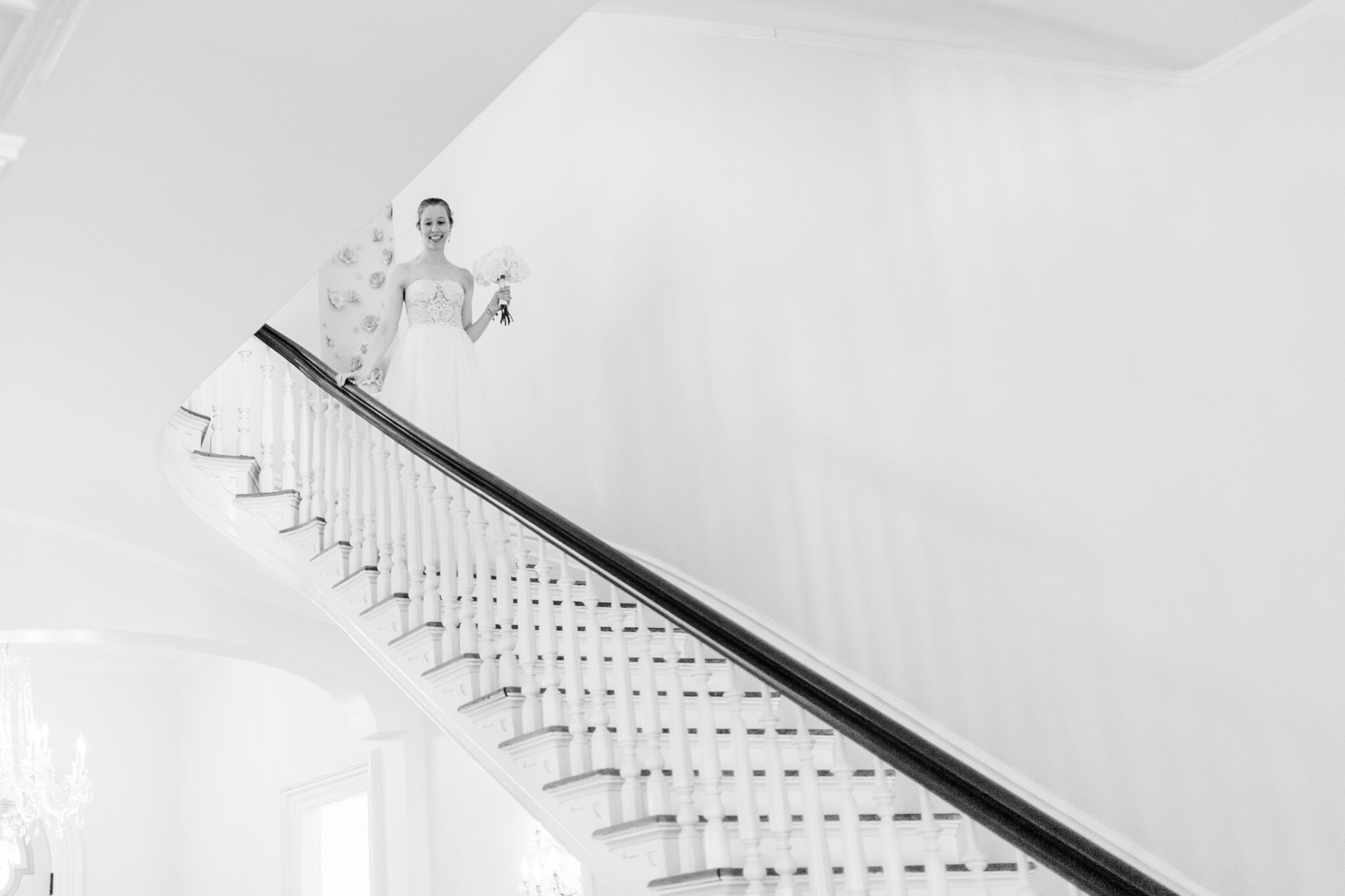 Raleigh Wedding Photographer | By G. Lin Photography | Merrimon Wynne House | Bride coming down the stairs