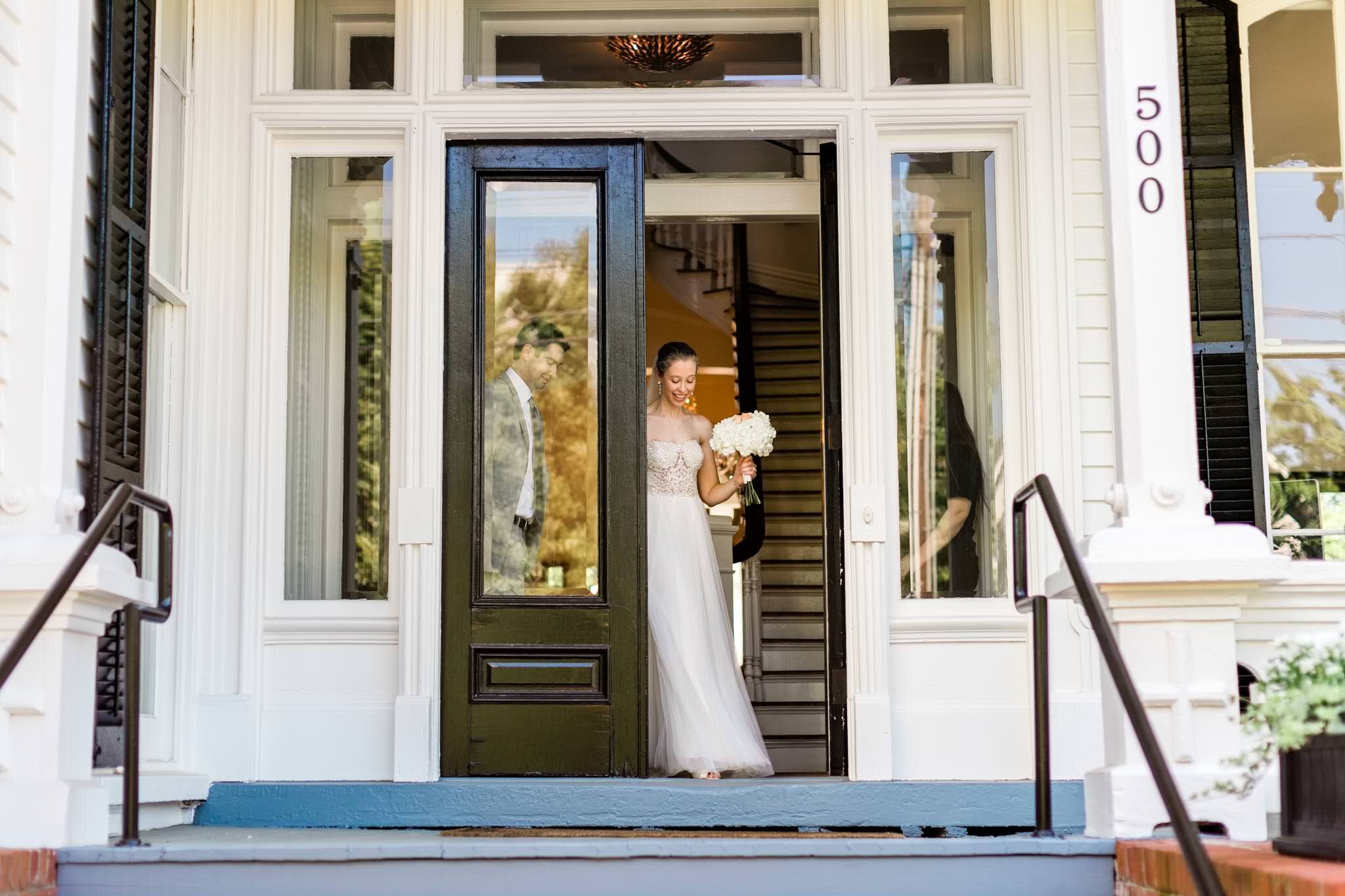 Raleigh Wedding Photographer | By G. Lin Photography | Merrimon Wynne House | Bride and groom walking out of house