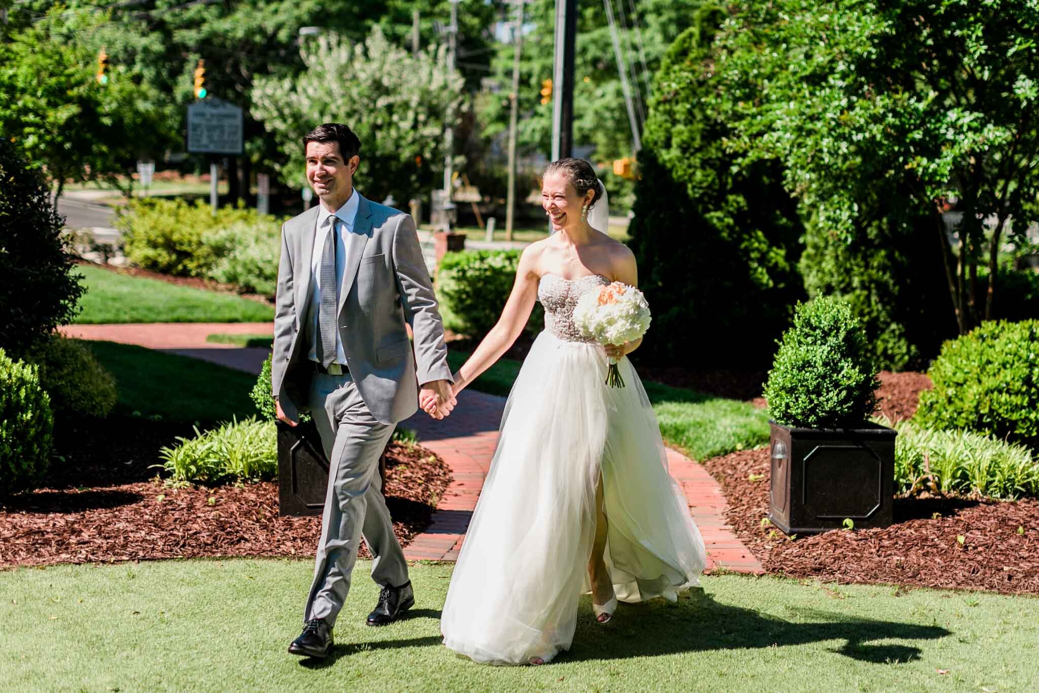 Raleigh Wedding Photographer | By G. Lin Photography | Merrimon Wynne House | Bride and Groom walking on the lawn