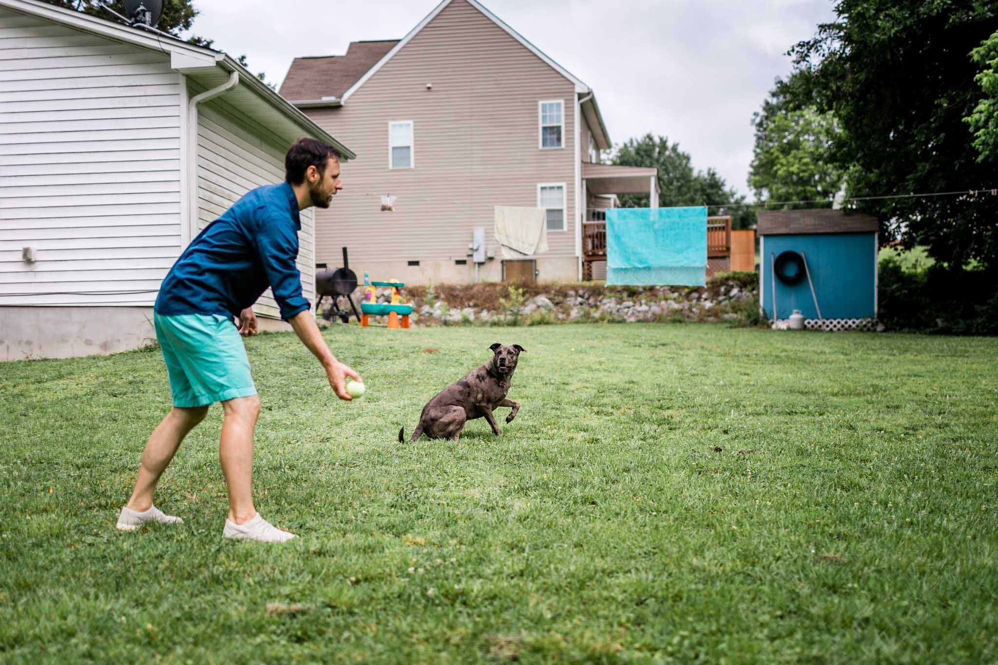 Raleigh Family Photographer | By G. Lin Photography | Man throwing ball towards dog