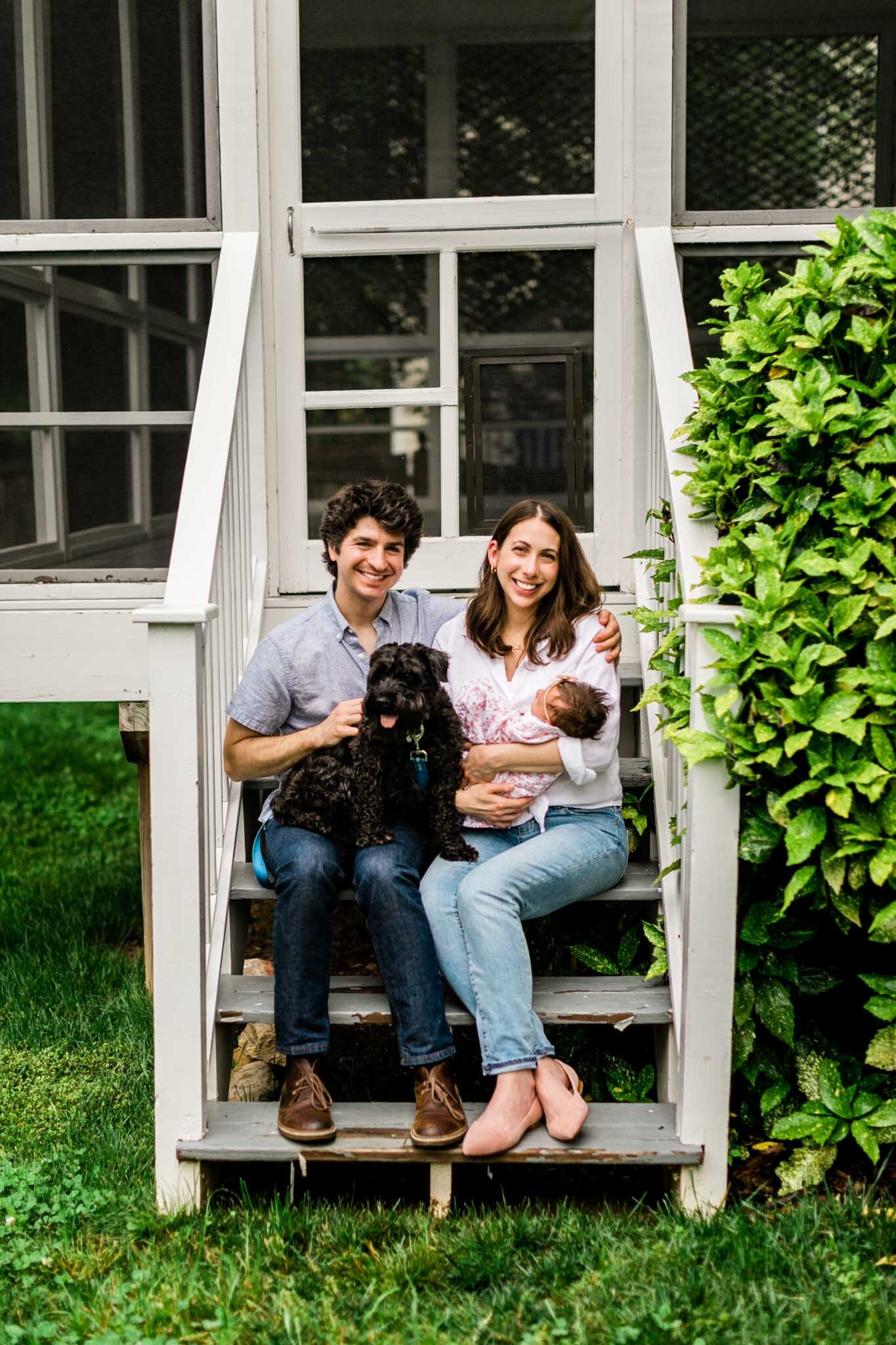 Durham Newborn Photographer | By G. Lin Photography | Outdoor newborn portrait on back steps