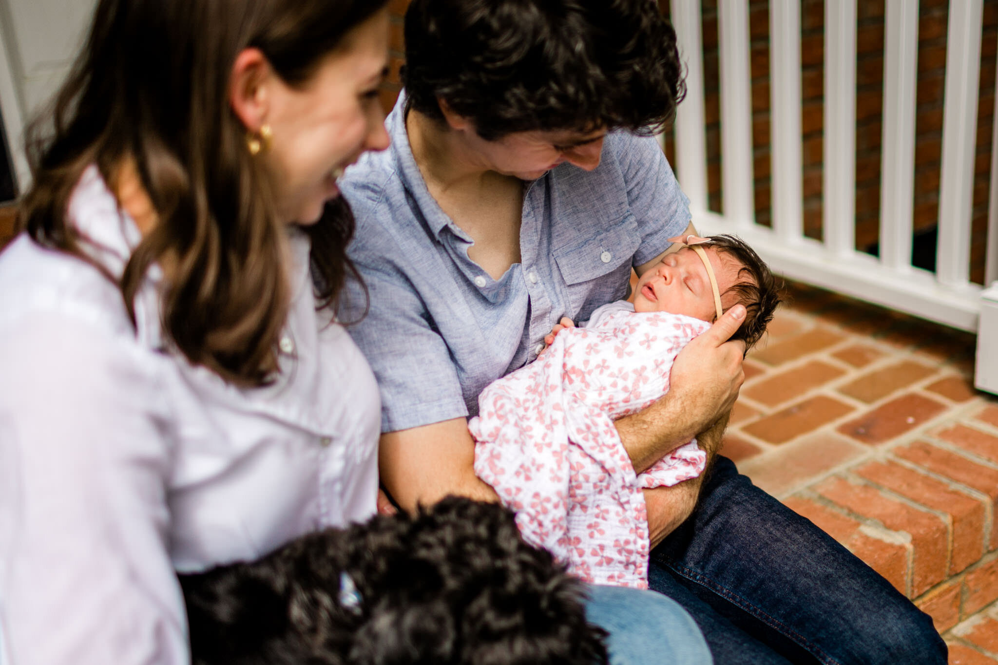 Durham Newborn Photographer | By G. Lin Photography | Porch portrait of family sitting outside on brick steps