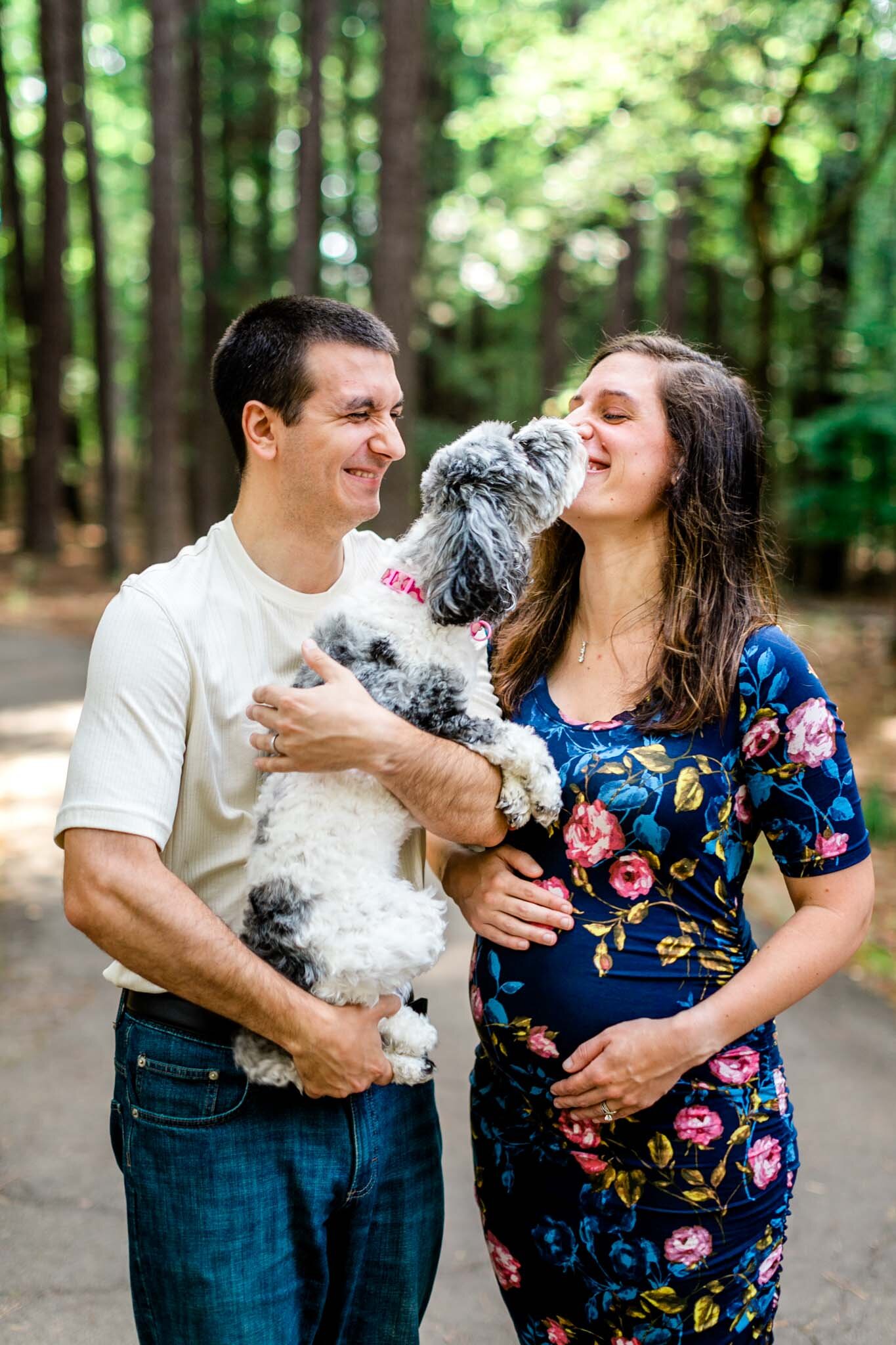 Raleigh Maternity Photographer | By G. Lin Photography | Umstead Park | Cute photos of dog licking woman's face