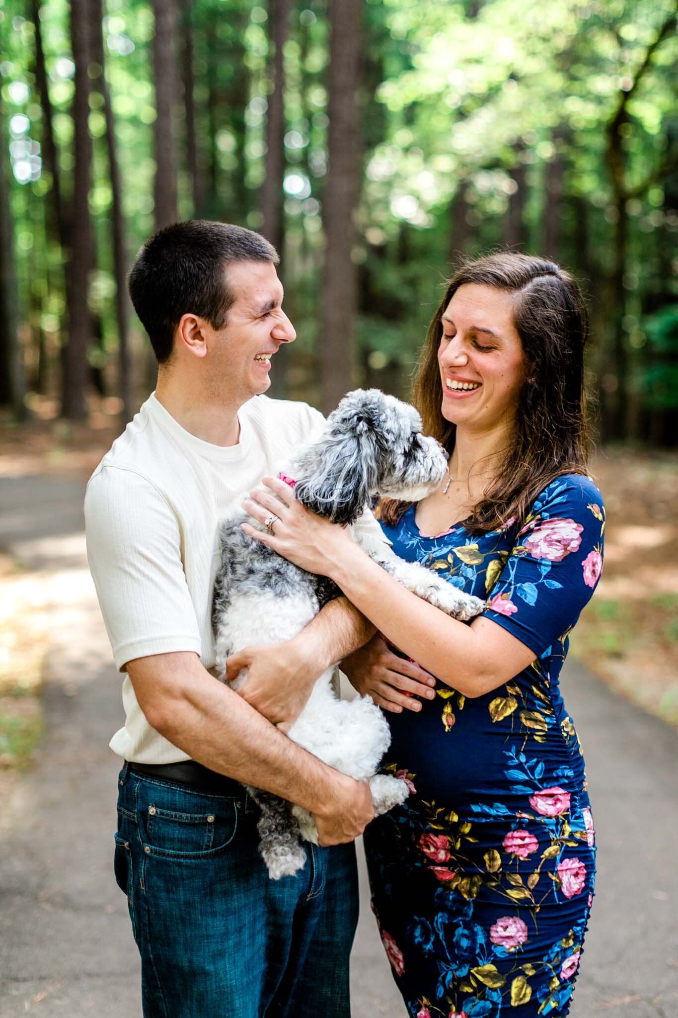 Raleigh Maternity Photographer | By G. Lin Photography | Umstead Park | Family laughing and petting dog