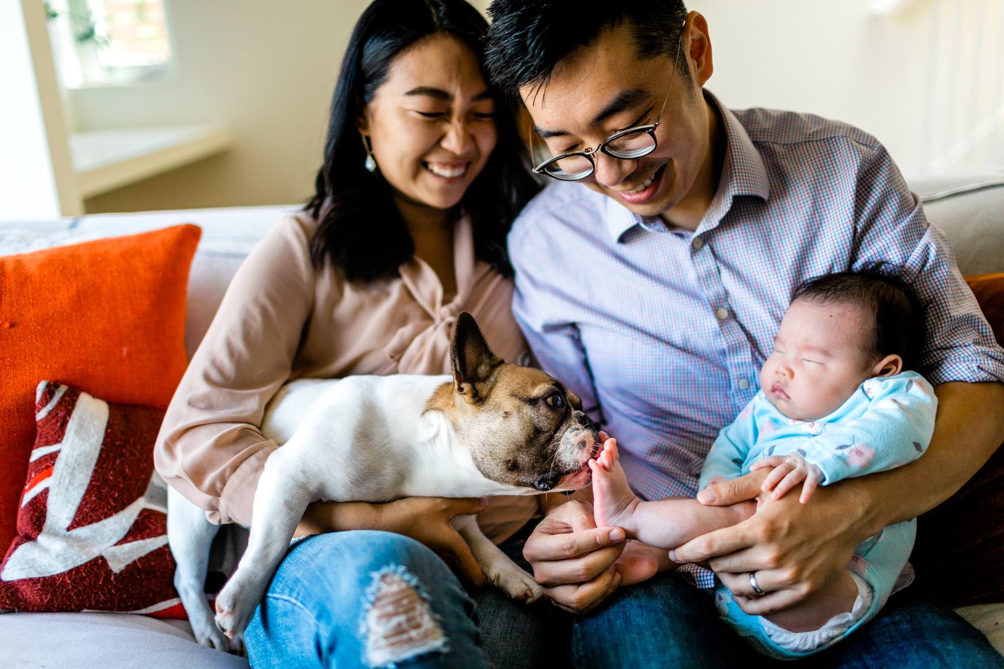 Raleigh Newborn Photographer | By G. Lin Photography | Dog licking baby's feet