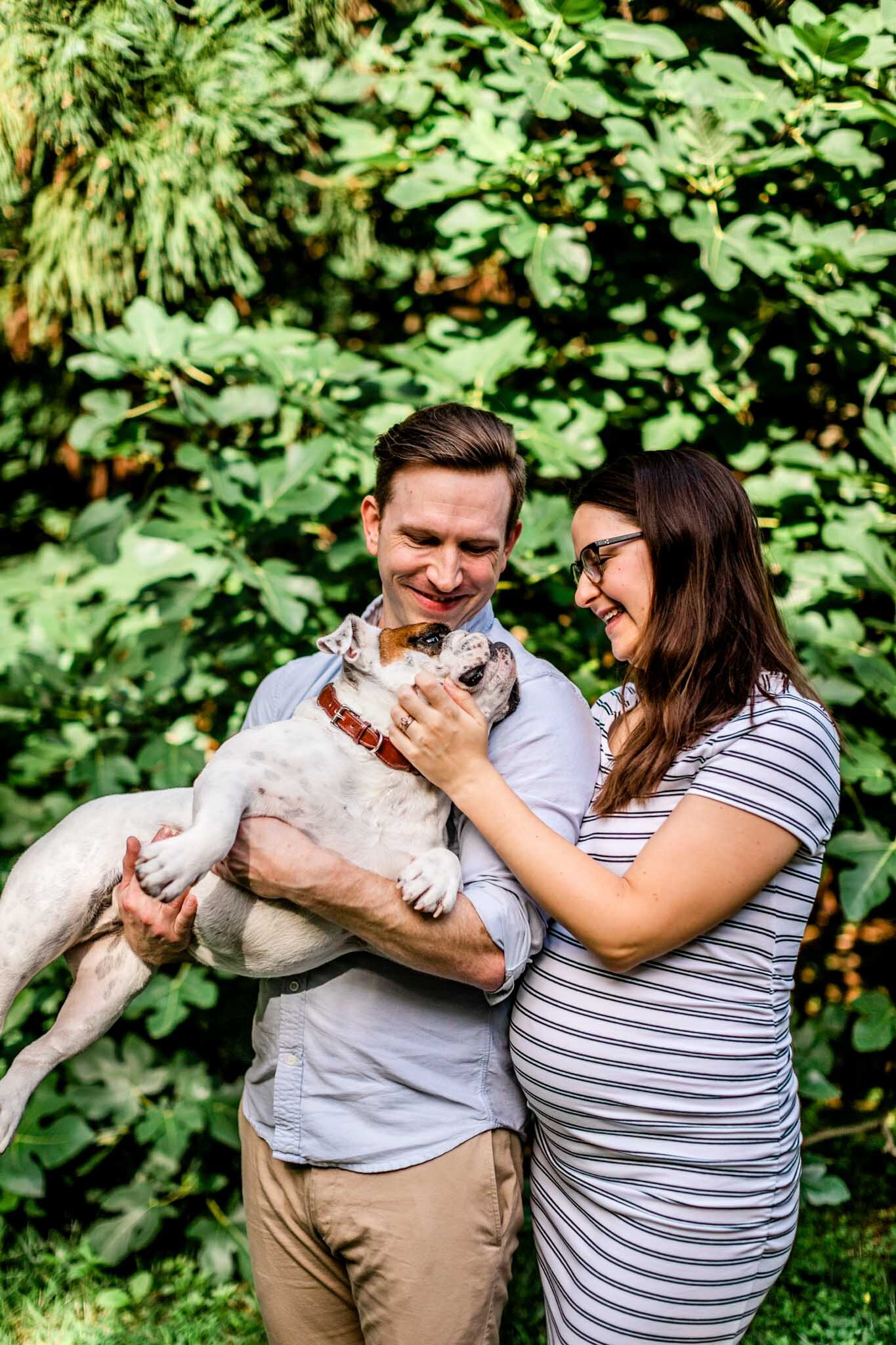 Durham Maternity Photographer | By G. Lin Photography | Couple laughing and playing with bulldog