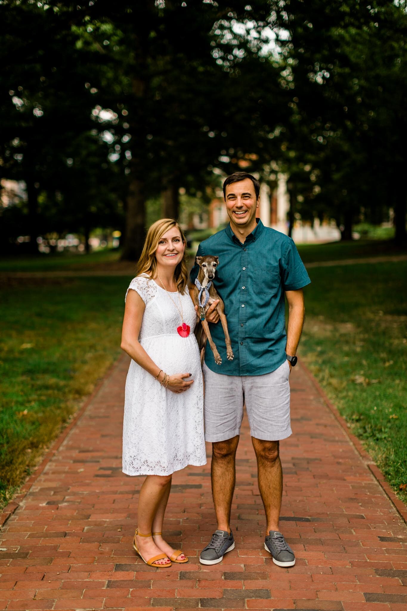 UNC Chapel Hill Photographer | Maternity Portraits | By G. Lin Photography | Candid maternity portrait of family with dog