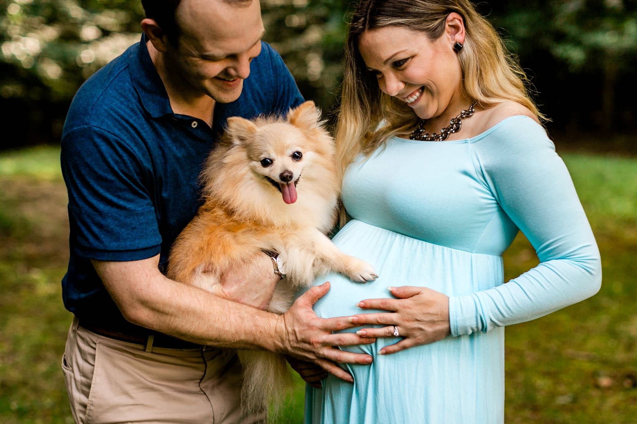 Raleigh Maternity Photographer | By G. Lin Photography | Couple and dog touching baby bump