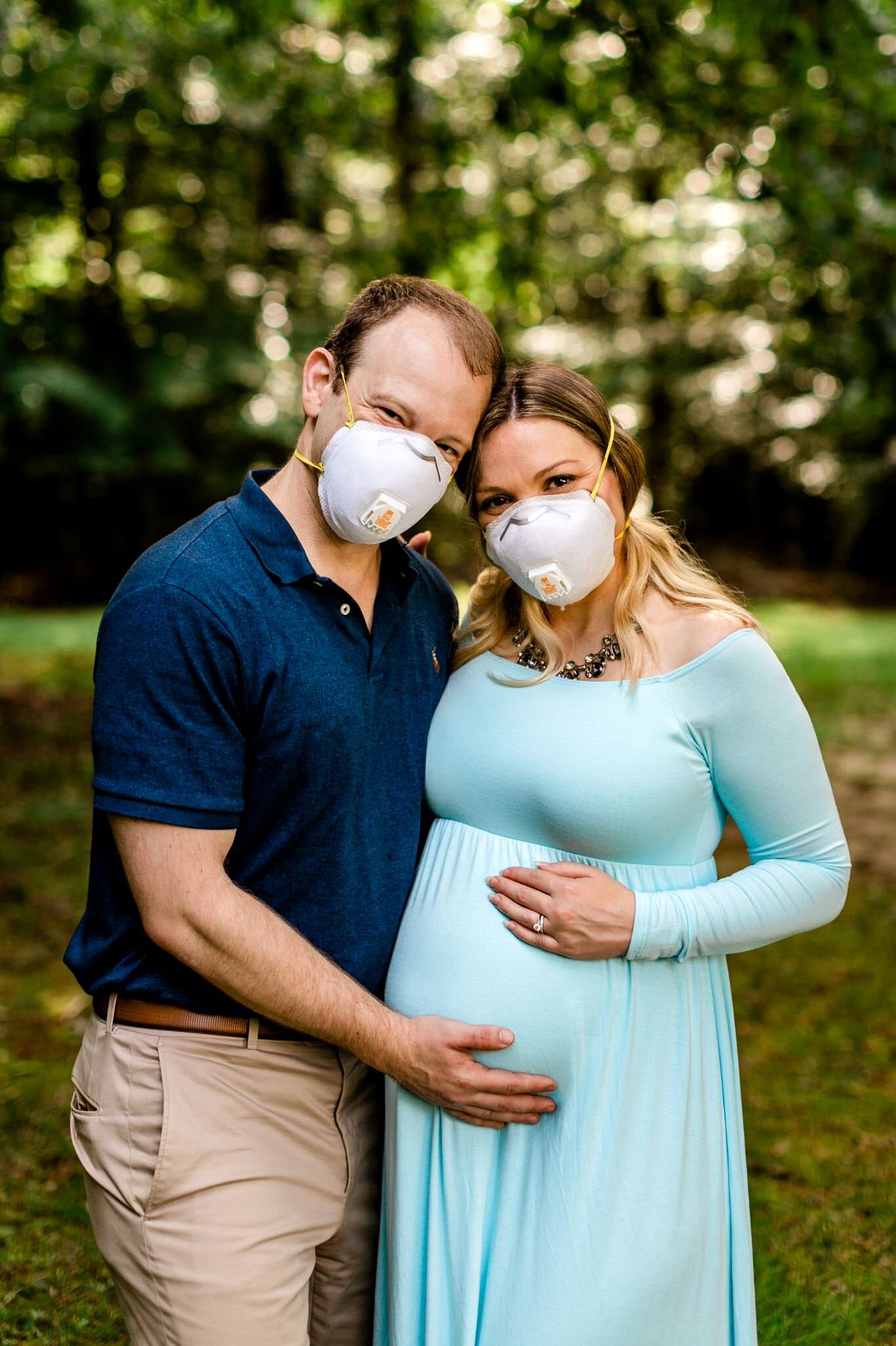 Raleigh Maternity Photographer | By G. Lin Photography | Cute photo of maternity session with couples wearing masks