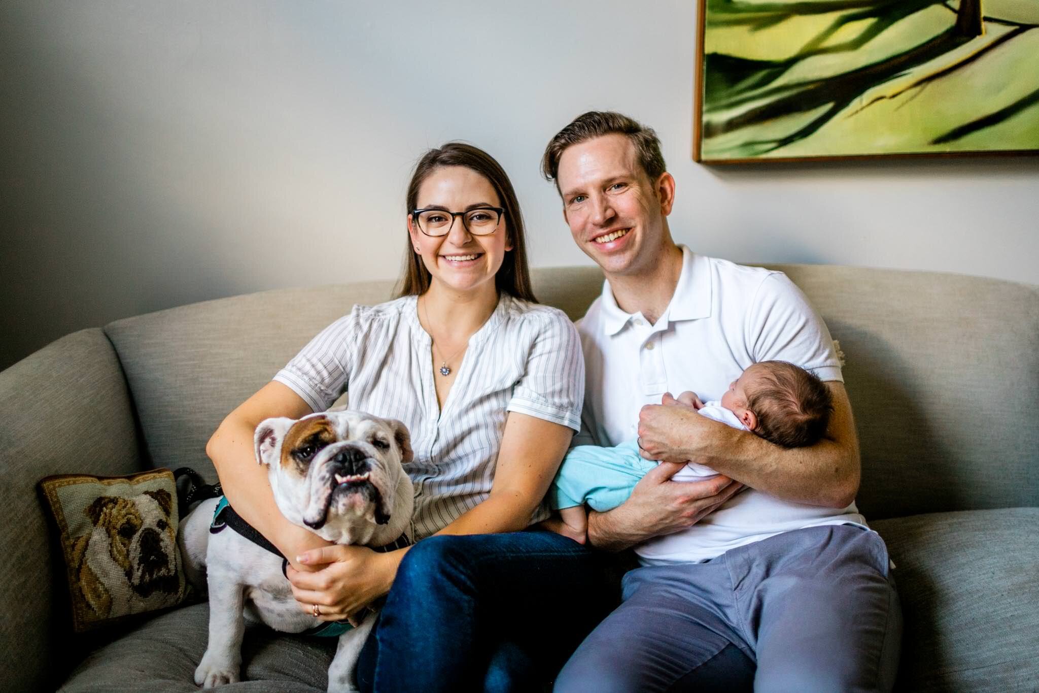 Raleigh Newborn Photographer | By G. Lin Photography | Family with dog and baby sitting on couch