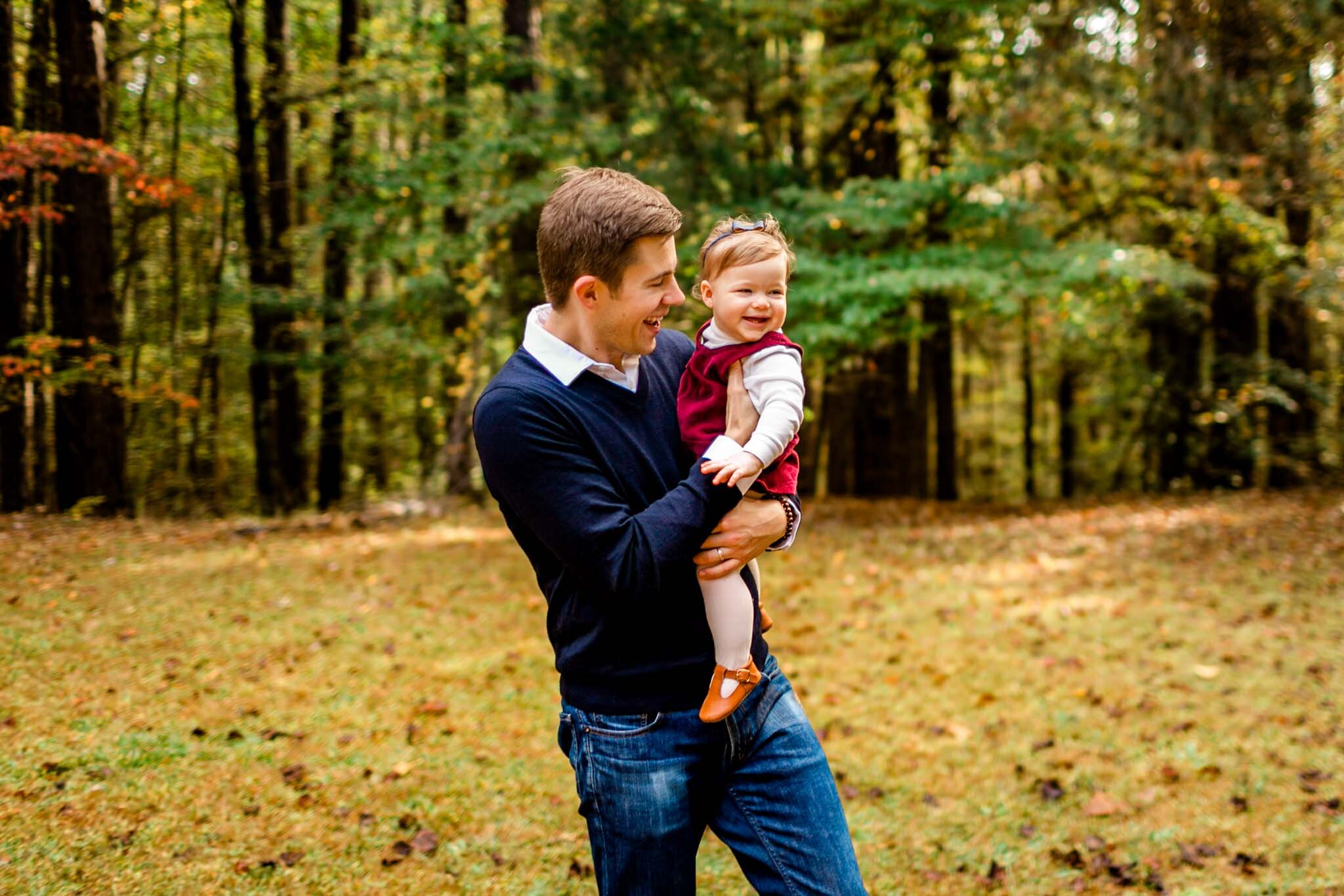 Raleigh Family Photographer | By G. Lin Photography | Umstead Park | Dad running around with baby girl
