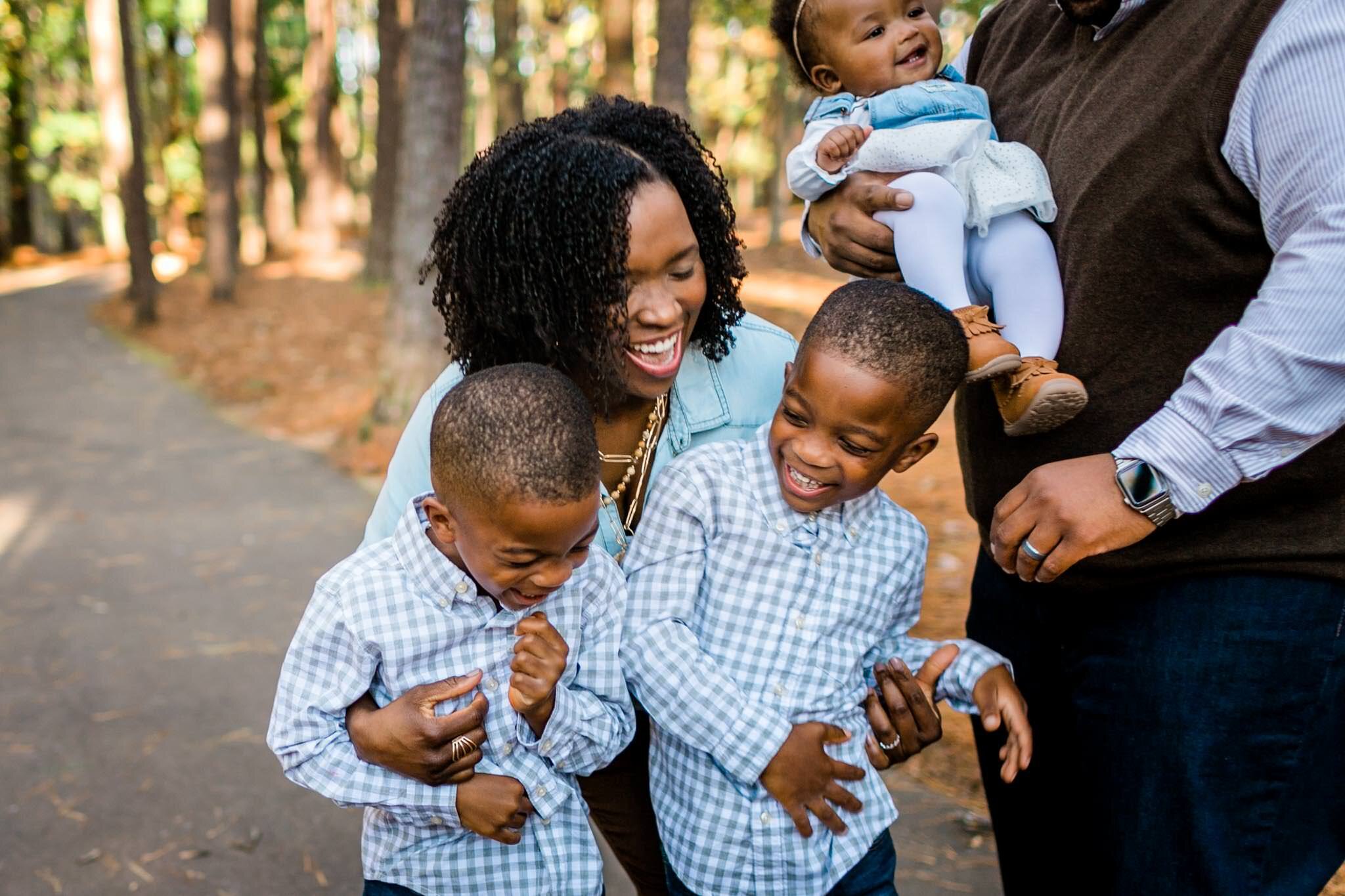 Raleigh Family Photographer | By G. Lin Photography | Umstead Park | Mother tickling sons