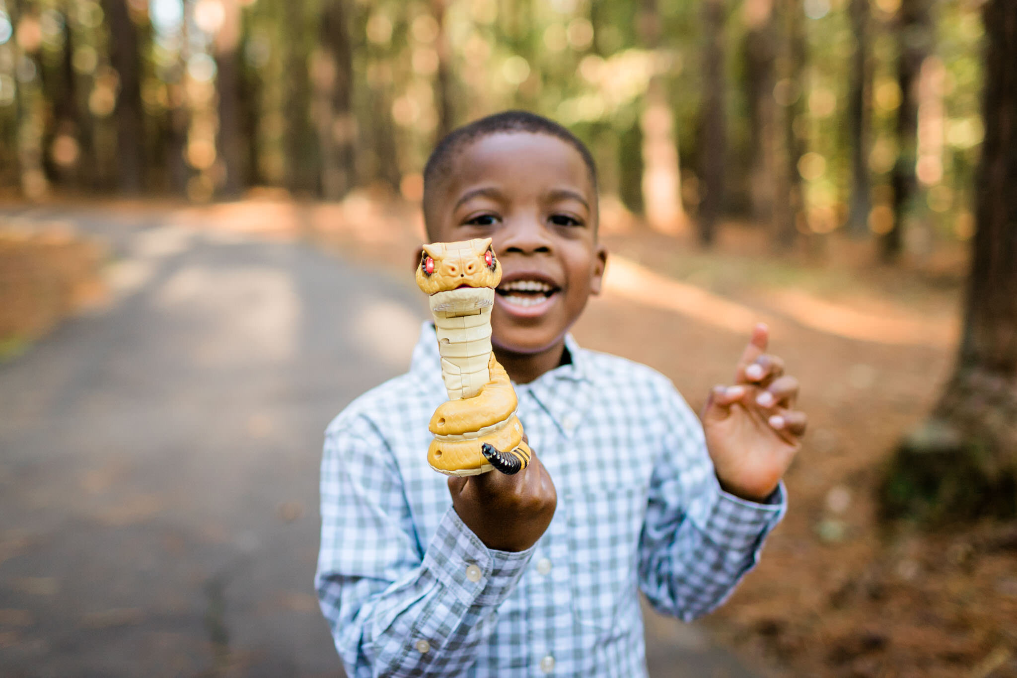 Raleigh Family Photographer | By G. Lin Photography | Umstead Park | Young boy holding up snake figurine