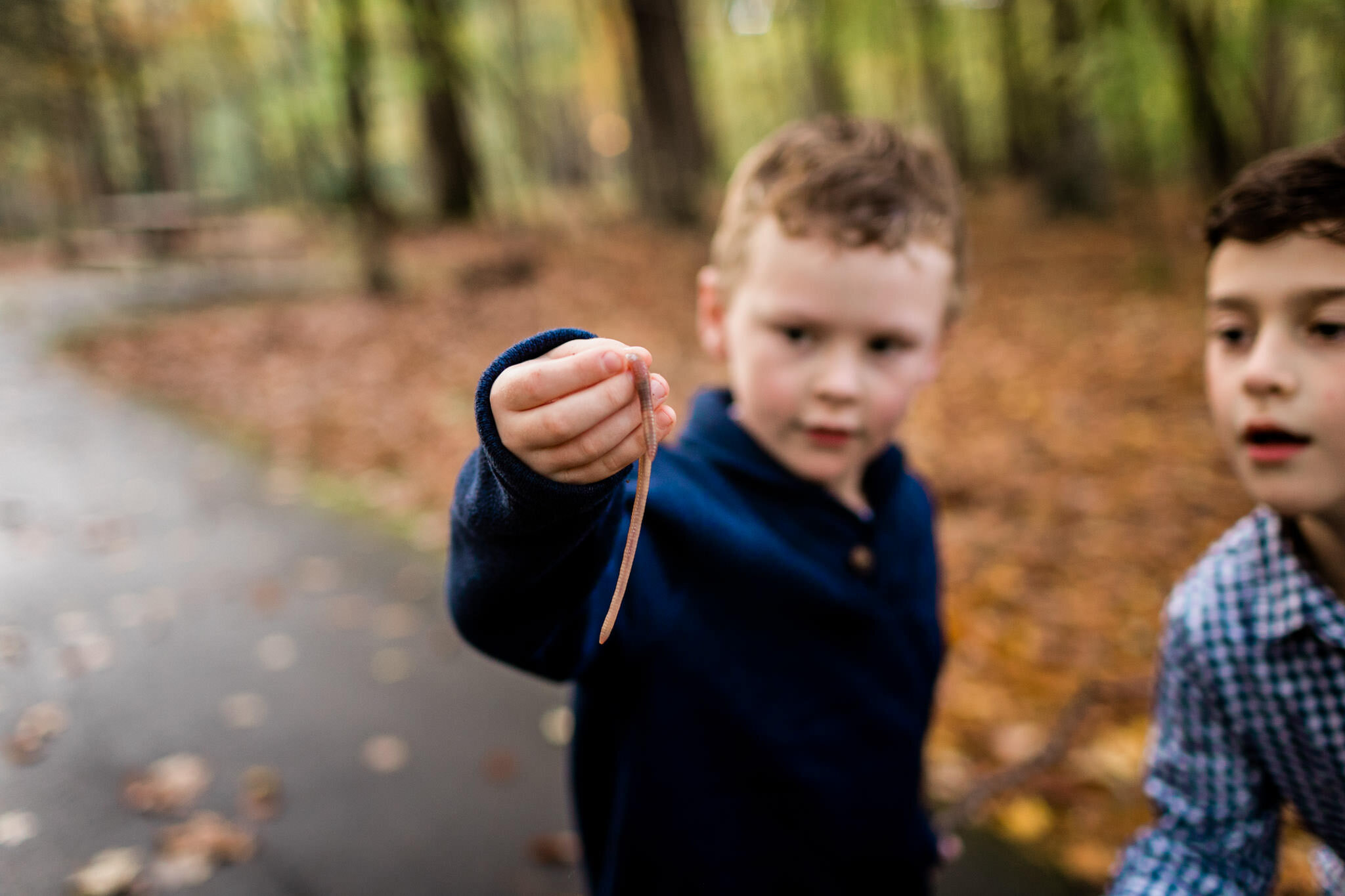 Raleigh Family Photographer | By G. Lin Photography | Umstead Park | Young boy holding earthworm