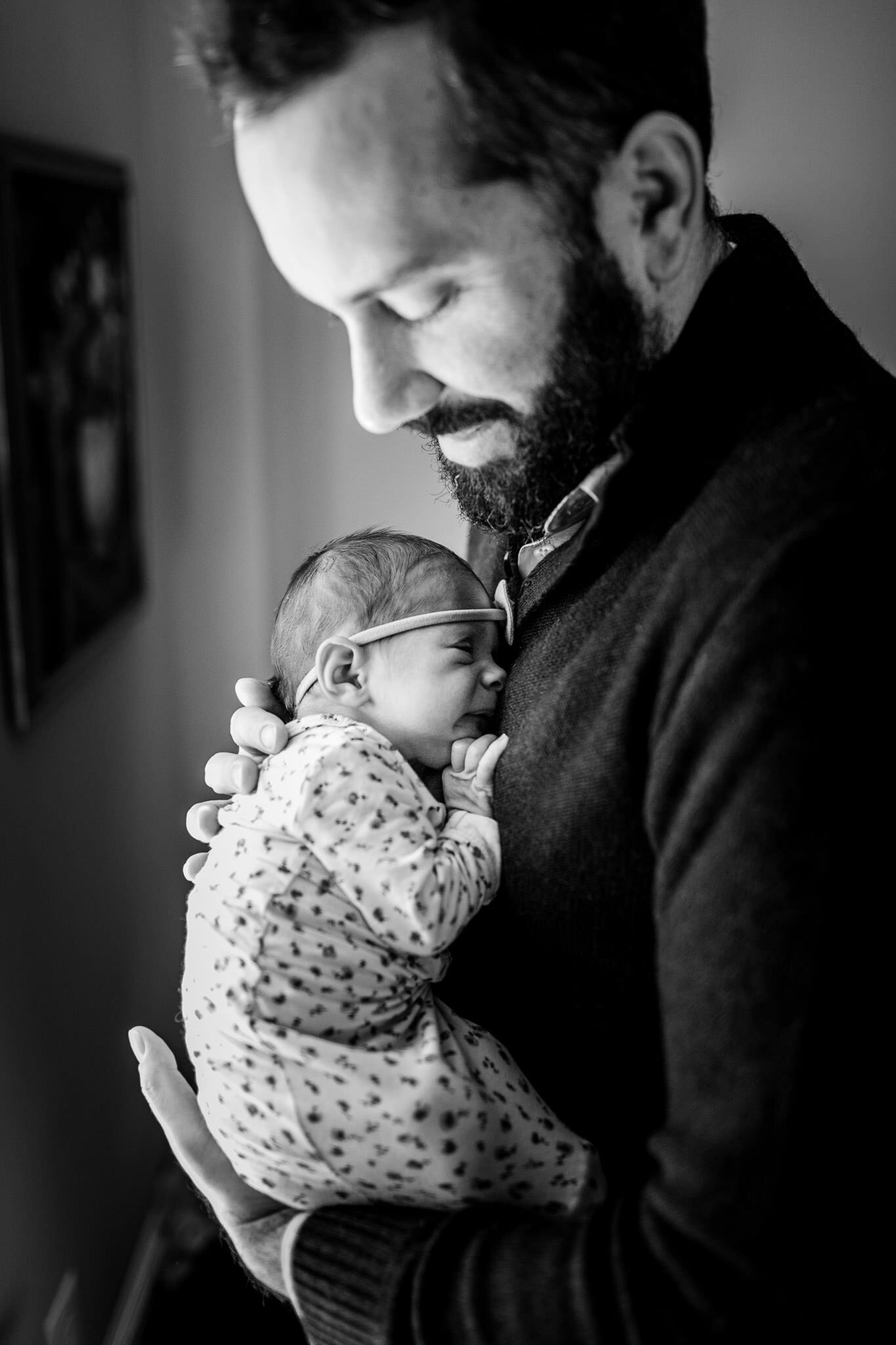 Durham Newborn Photographer | By G. Lin Photography | Black and white portrait of dad holding baby girl