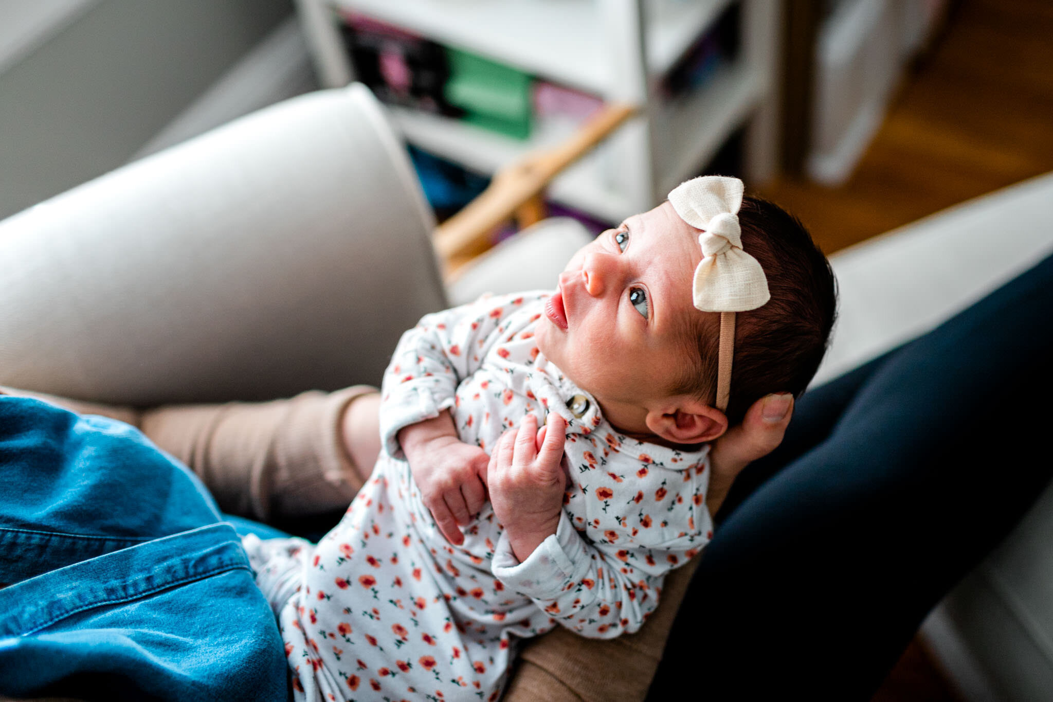 Durham Newborn Photographer | By G. Lin Photography | Baby girl looking up towards window