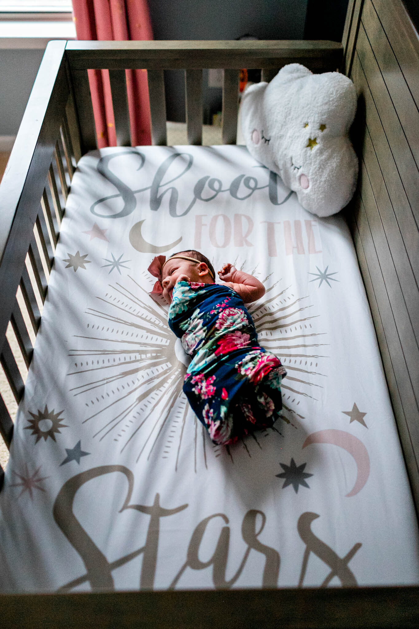 Durham Newborn Photographer | By G. Lin Photography | Baby in crib that says shoot for the stars