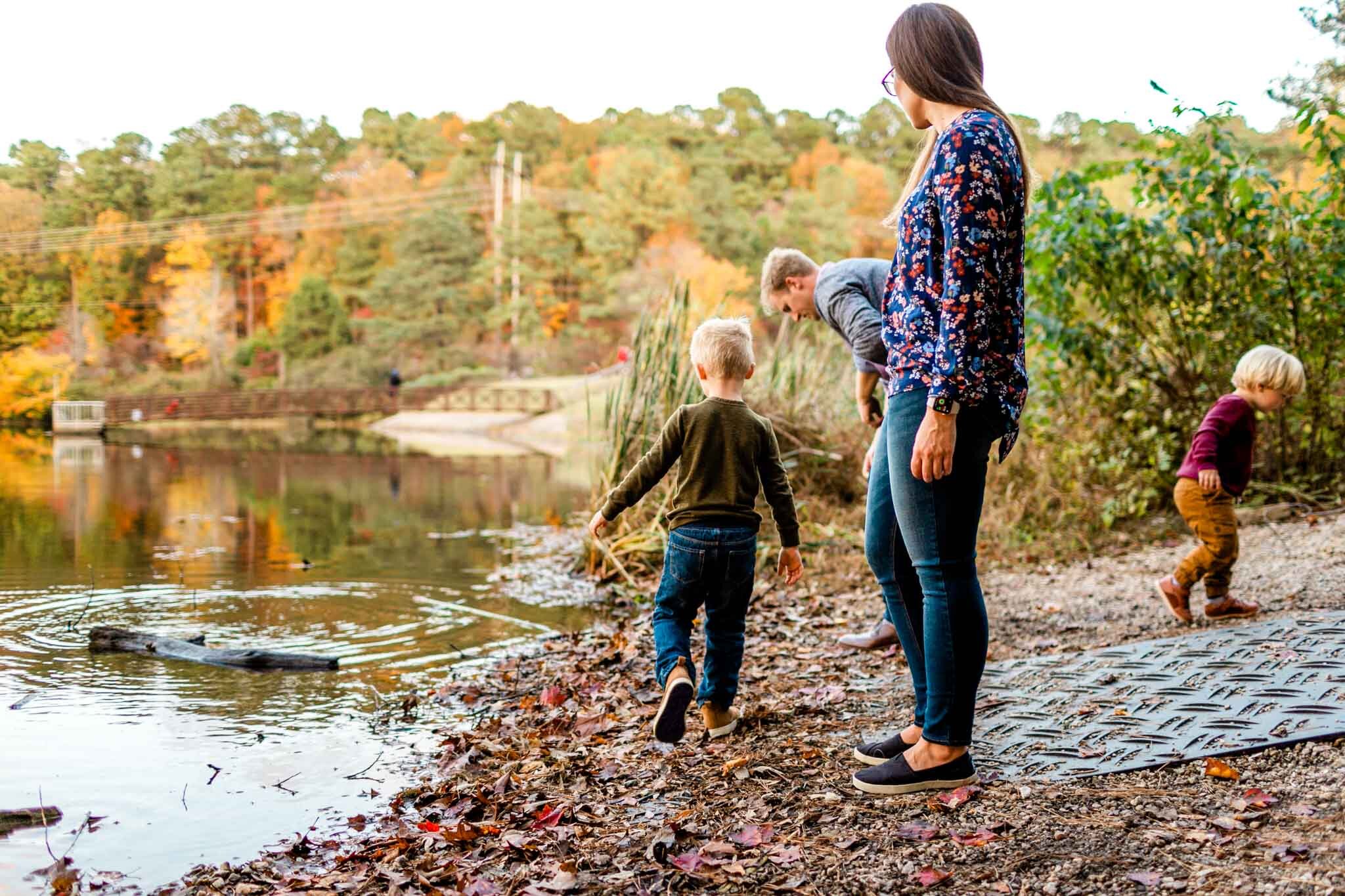 Raleigh Family Photographer at Umstead Park | By G. Lin Photography | Family standing by lake