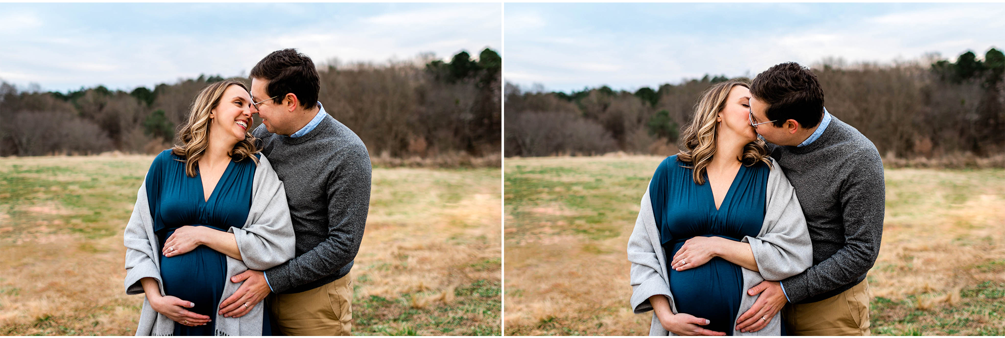 Raleigh Newborn Photographer | G. Lin Photography | NCMA | Open field portrait of couple laughing and kissing