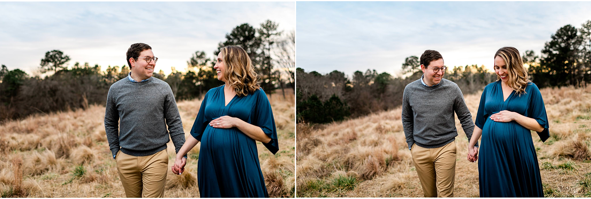 Raleigh Newborn Photographer | By G. Lin Photography | Man and woman holding hands and walking in open field at NCMA