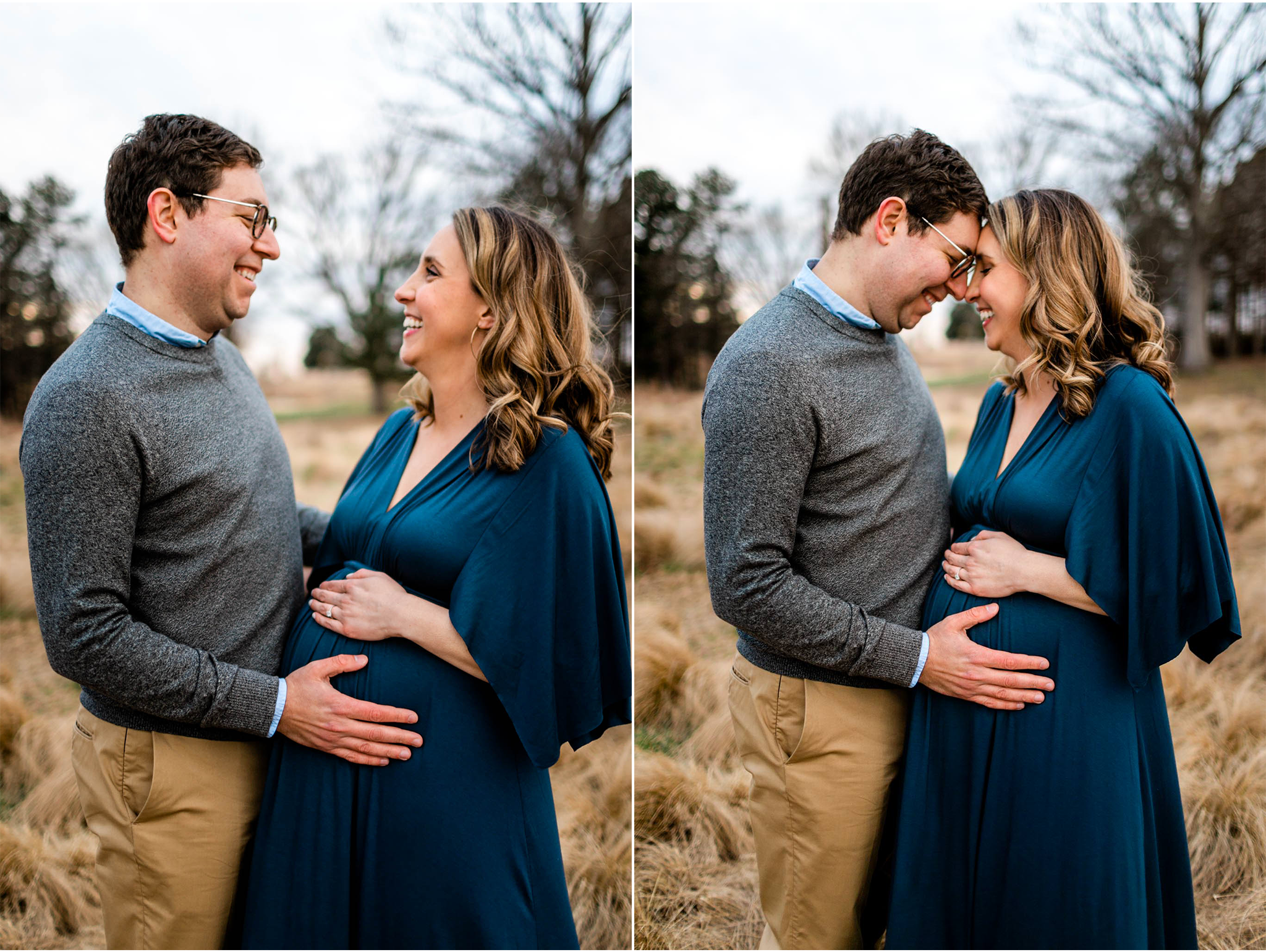 Raleigh Newborn Photographer | By G. Lin Photography | Man and woman laughing while standing in grassy field