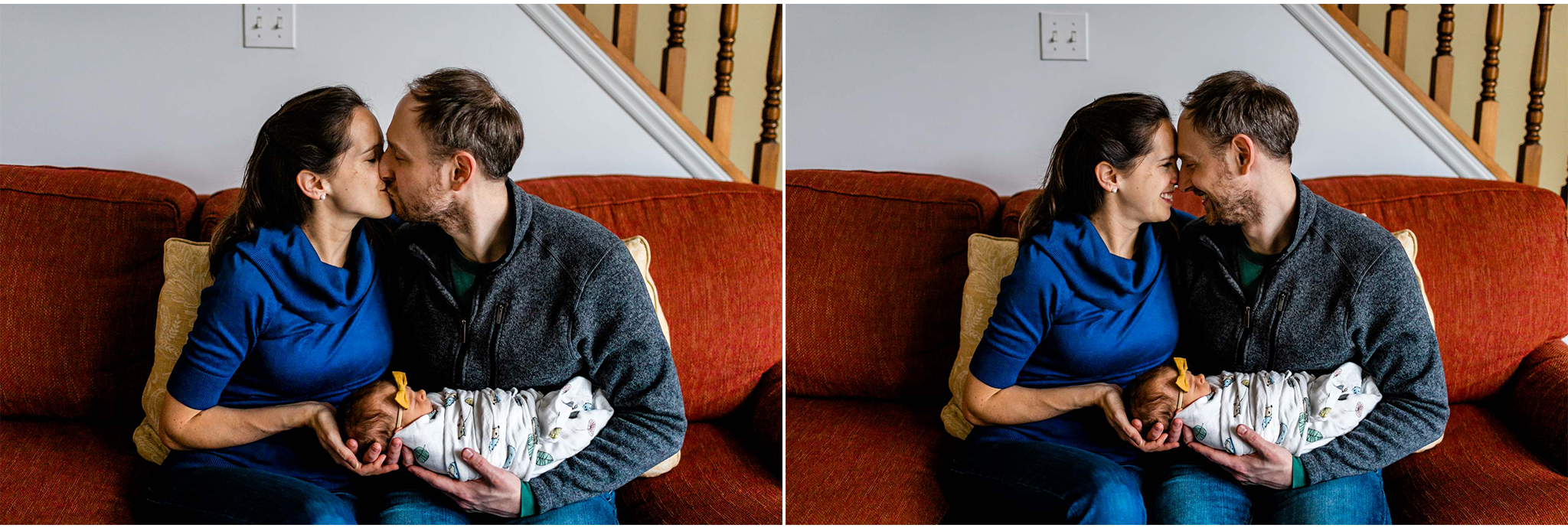 Durham Newborn Photographer | By G. Lin Photography | Man and woman sitting on couch looking joyful