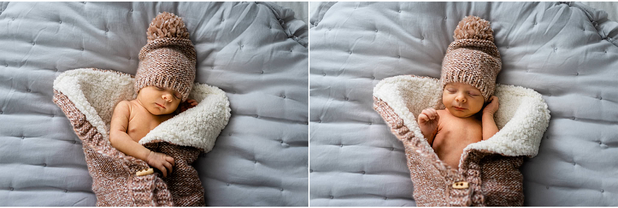 Durham Newborn Photographer | By G. Lin Photography | Baby sleeping in fleece swaddle on bed