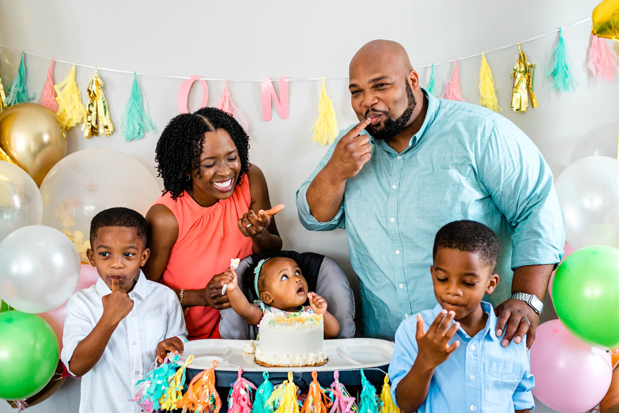Durham Family Photographer | By G. Lin Photography | Family eating cake and laughing