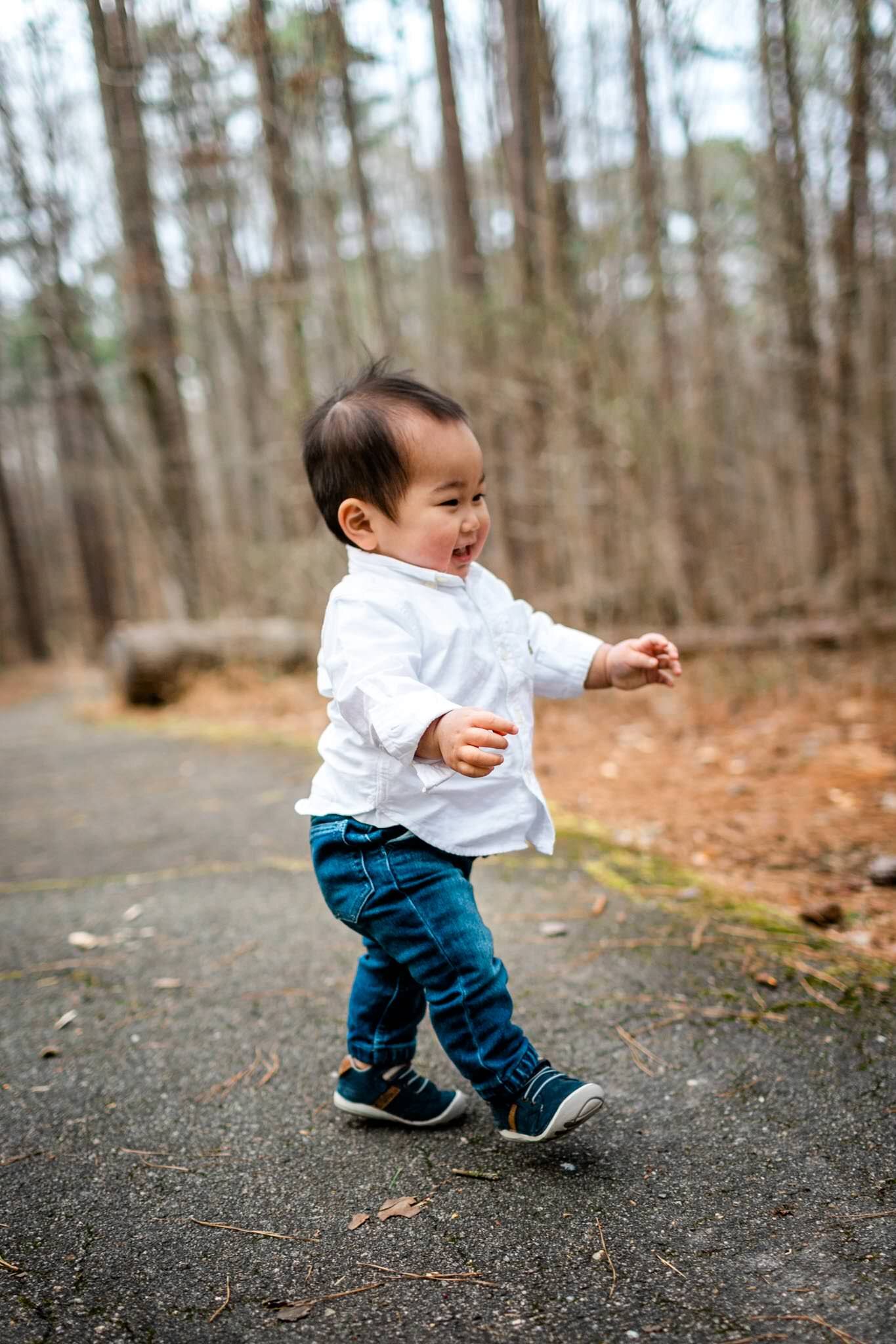 Raleigh Family Photographer | By G. Lin Photography | Umstead Park | Baby walking