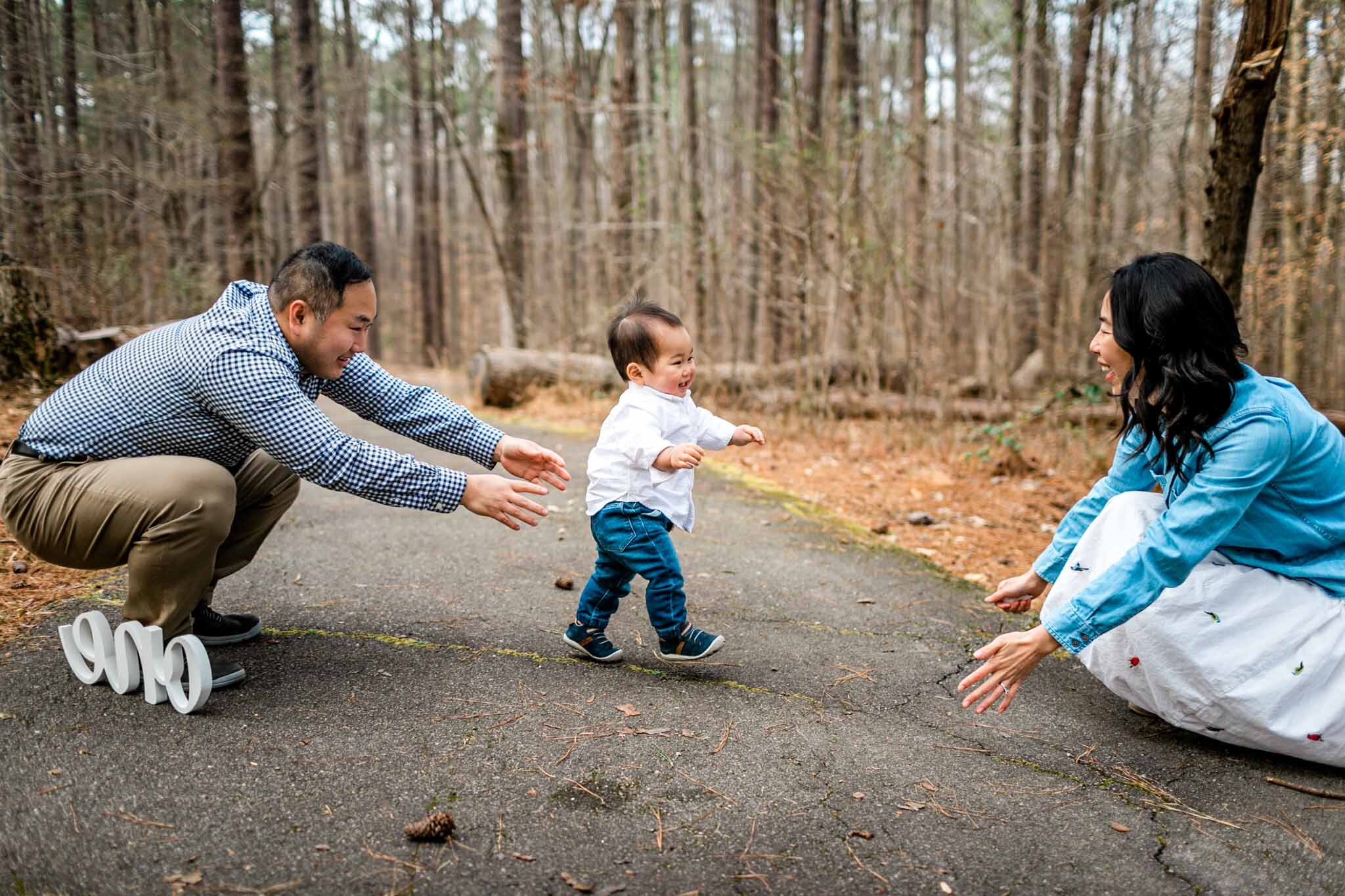 Raleigh Family Photographer | By G. Lin Photography | Umstead Park | Baby walking towards mom